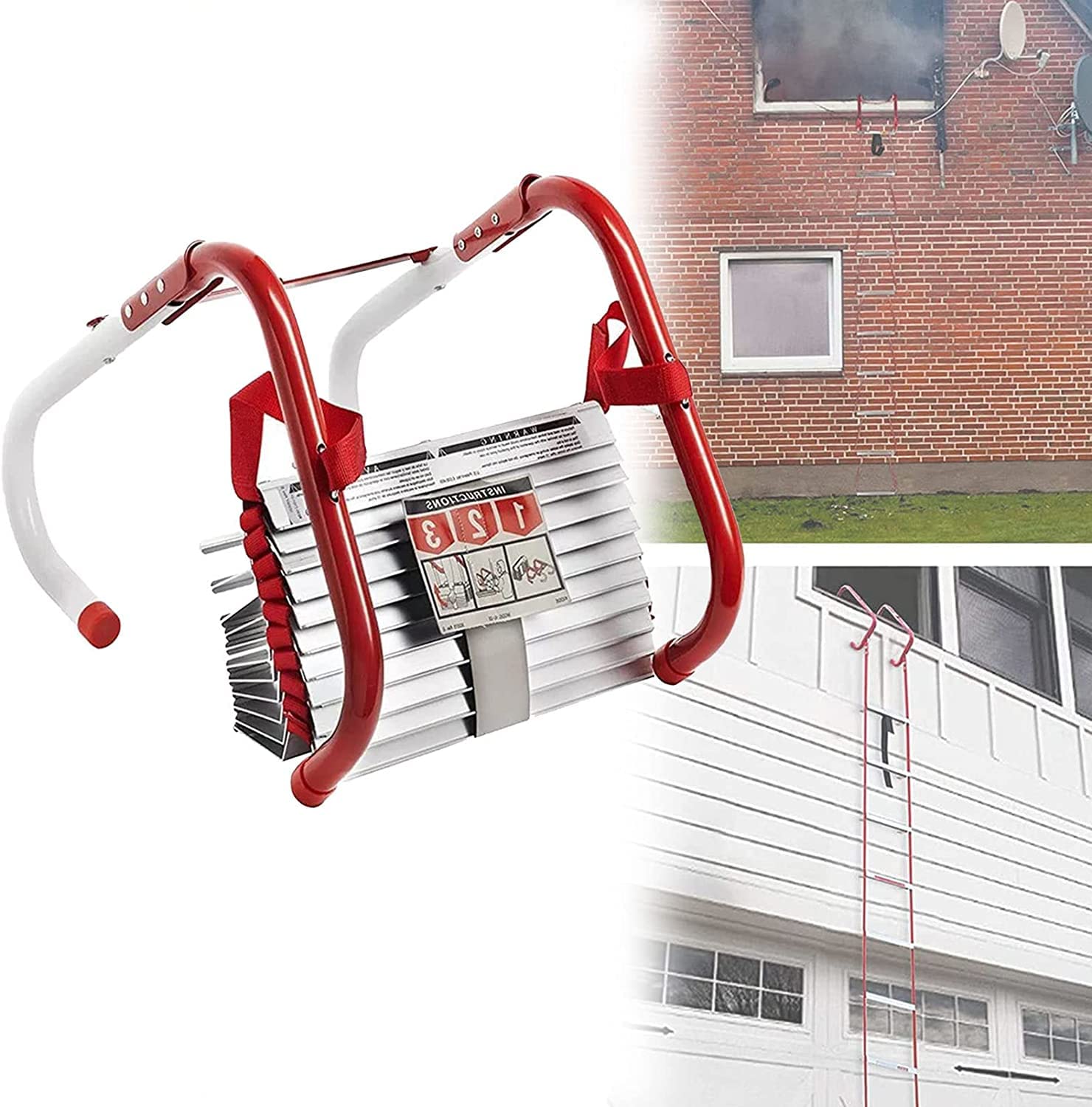 4-Story 32ft Emergency Fire Escape Ladder for Homes - Compact Safety Rope Ladder with Wide Steps, Central Support & Anti-Slip Rungs - Perfect for Indoor Fire Safety & Emergency Evacuation in Multi-Story Buildings