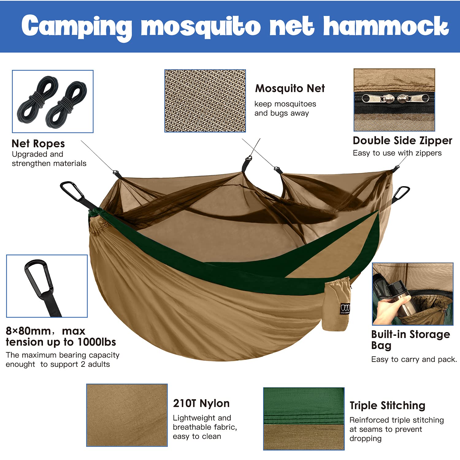 Gold Armor Camping Hammock with Mosquito Net - Heavy Duty Double Hammock for Outdoor Adventures, Backpacking, Travel & Beach - Portable Lightweight Camping Gear (Khaki & Green) - Perfect for Backyard Relaxation, Forest Camping & Beach Lounging