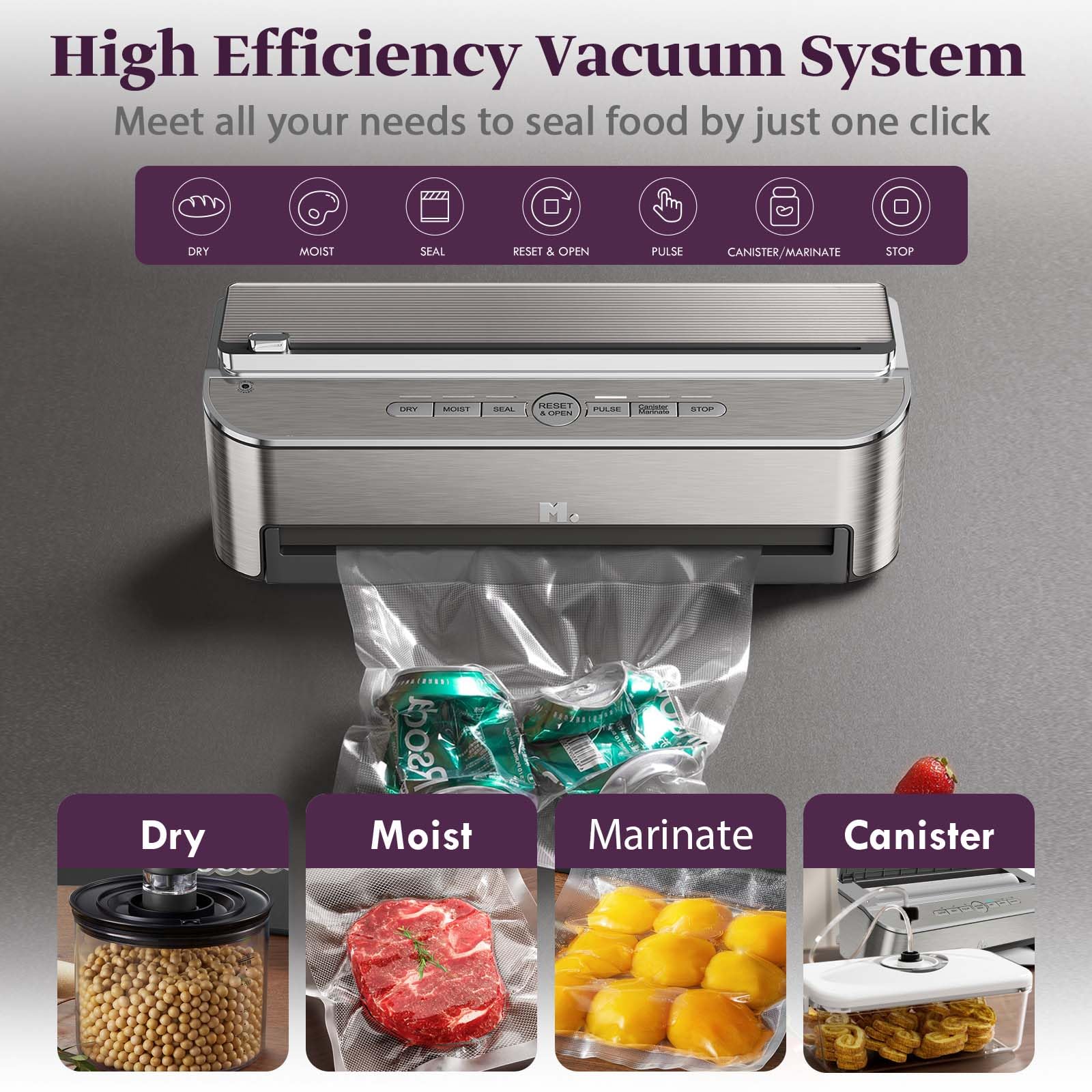 Powerful 120W Automatic Vacuum Sealer Machine with 85kPa Strong Suction | Built-in Cutter & Moist Mode | Includes 2 Bag Rolls + 5 Pre-cut Bags | Perfect for Food Storage, Meal Prep & Sous Vide Cooking | Air Suction Hose for Marinating & Liquid Foods