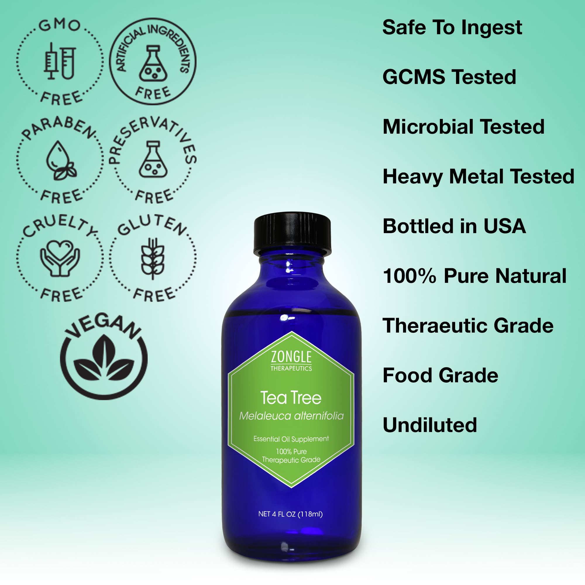 100% Pure Tea Tree Essential Oil (Melaleuca Oil) - Food Grade, 4 oz by Zongle Therapeutics | Natural Skin Care, Aromatherapy & Home Cleaning Solution