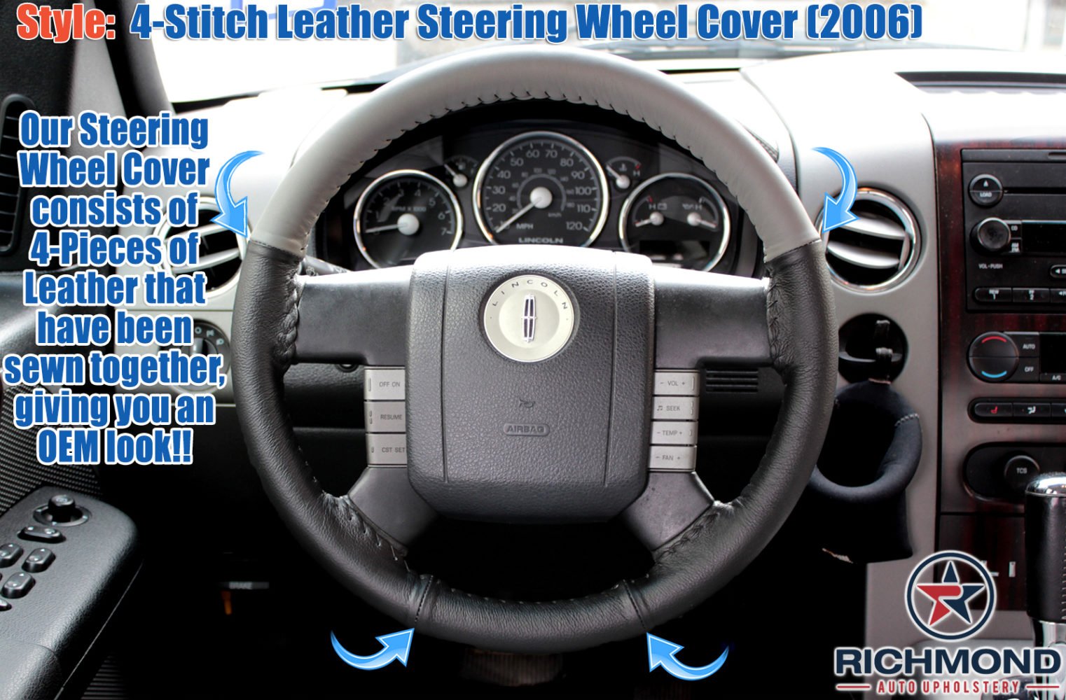 2006 Lincoln Mark LT Genuine Leather Steering Wheel Cover - Black & Gray for Enhanced Grip & Comfort - Perfect for Daily Commuting & Long Road Trips