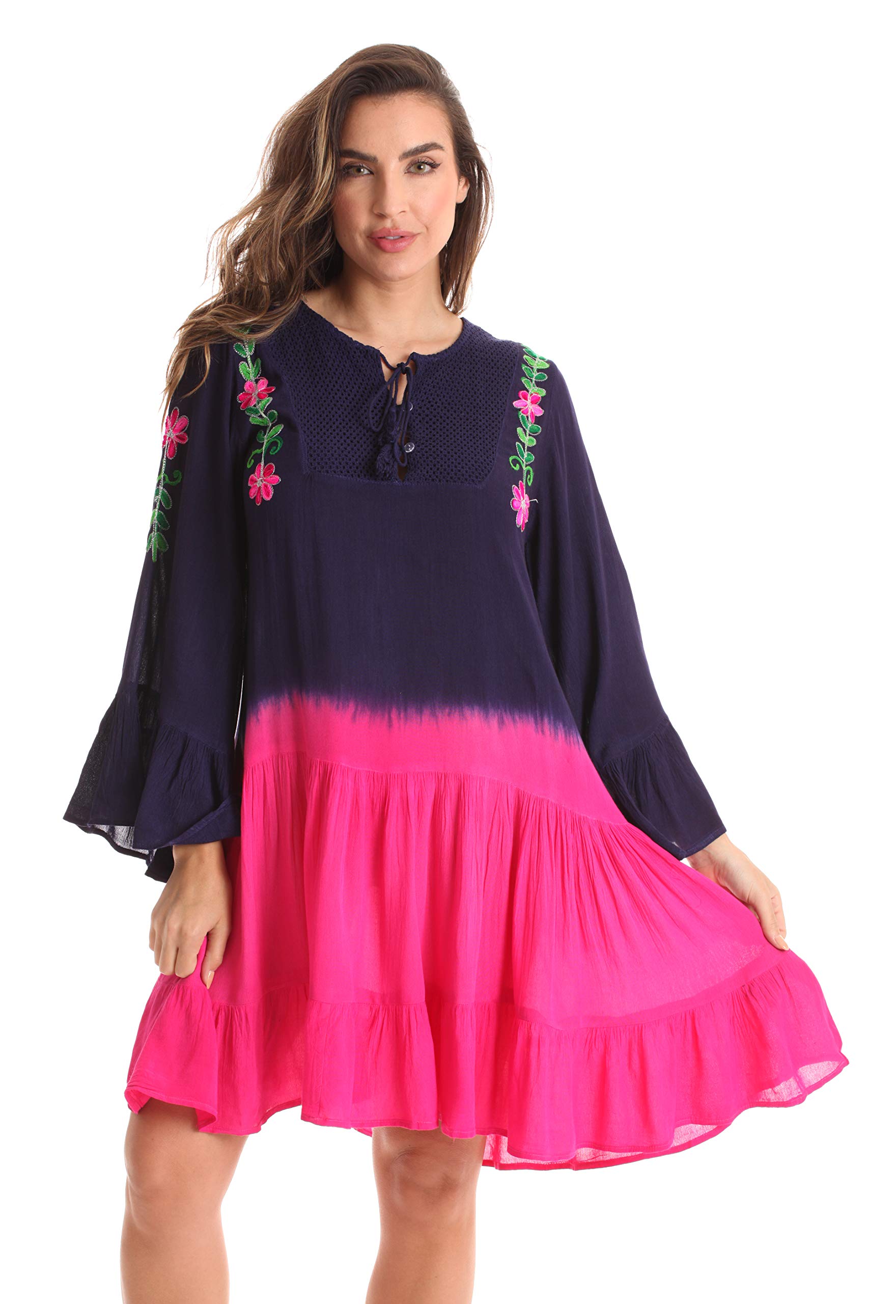 Riviera Sun Short Flowy Casual Dress with Crochet Front & Bell Sleeves - Perfect for Beach Vacations, Summer Parties & Boho Fashion Outfits