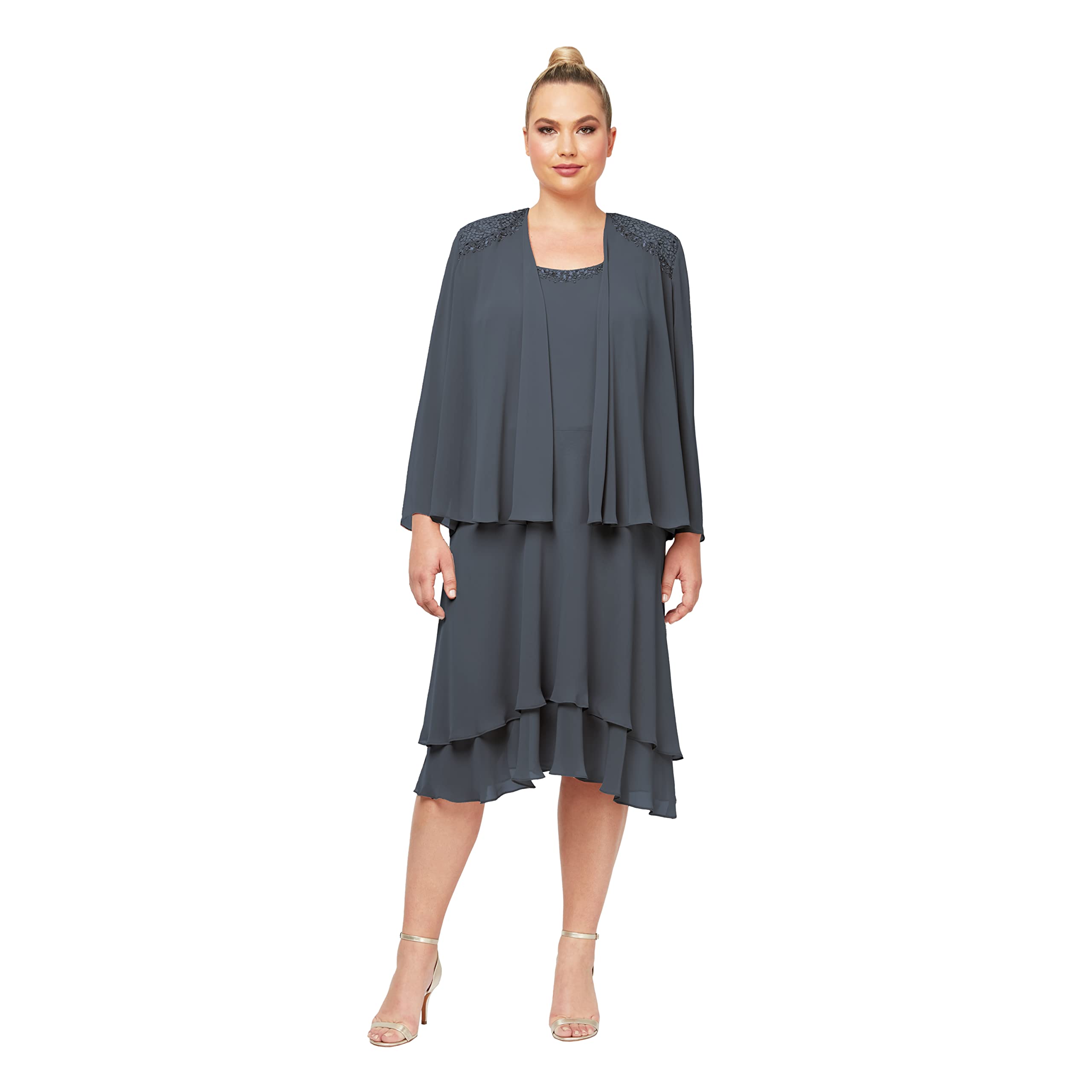 Elegant Plus Size Embellished Tiered Mother of The Bride Dress with Jacket - Women's Formal Gown for Weddings, Special Occasions & Evening Events | S.L. Fashions