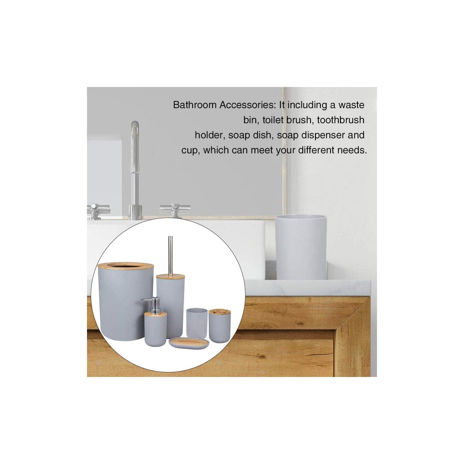 Premium Bamboo Wooden Bathroom Accessories Set - 6-Piece Gift Set with Toilet Brush, Soap Dispenser, Waste Bin, Toothbrush Holder & Soap Dish | Eco-Friendly Bathroom Organization for Home, Hotel, Spa & Guest Rooms