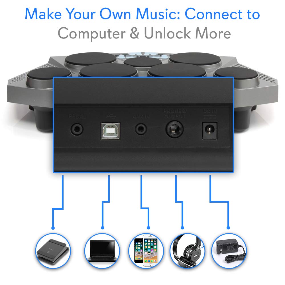 Pyle Pro Electronic Drum Kit - Portable Electric Tabletop Drum Set with 7 Drum Pads, Hi-Hat/Kick Bass Pedal, USB & AUX Input - Perfect for Home Practice, Studio Recording & Live Performances