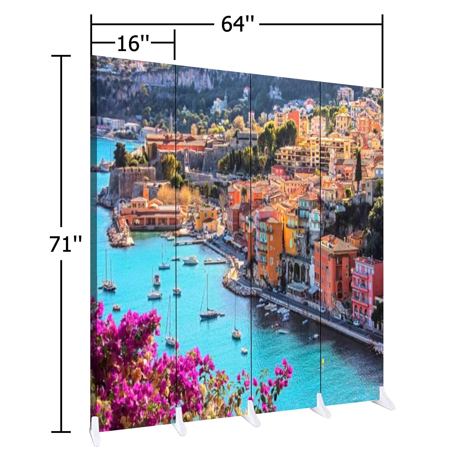 Wooden Folding Room Divider - 4-Panel Privacy Screen with Canvas Design, Inspired by Villefranche-sur-Mer France - Dual-Sided Wall Partition for Home & Office Use | Perfect for Living Room, Bedroom, and Studio Spaces