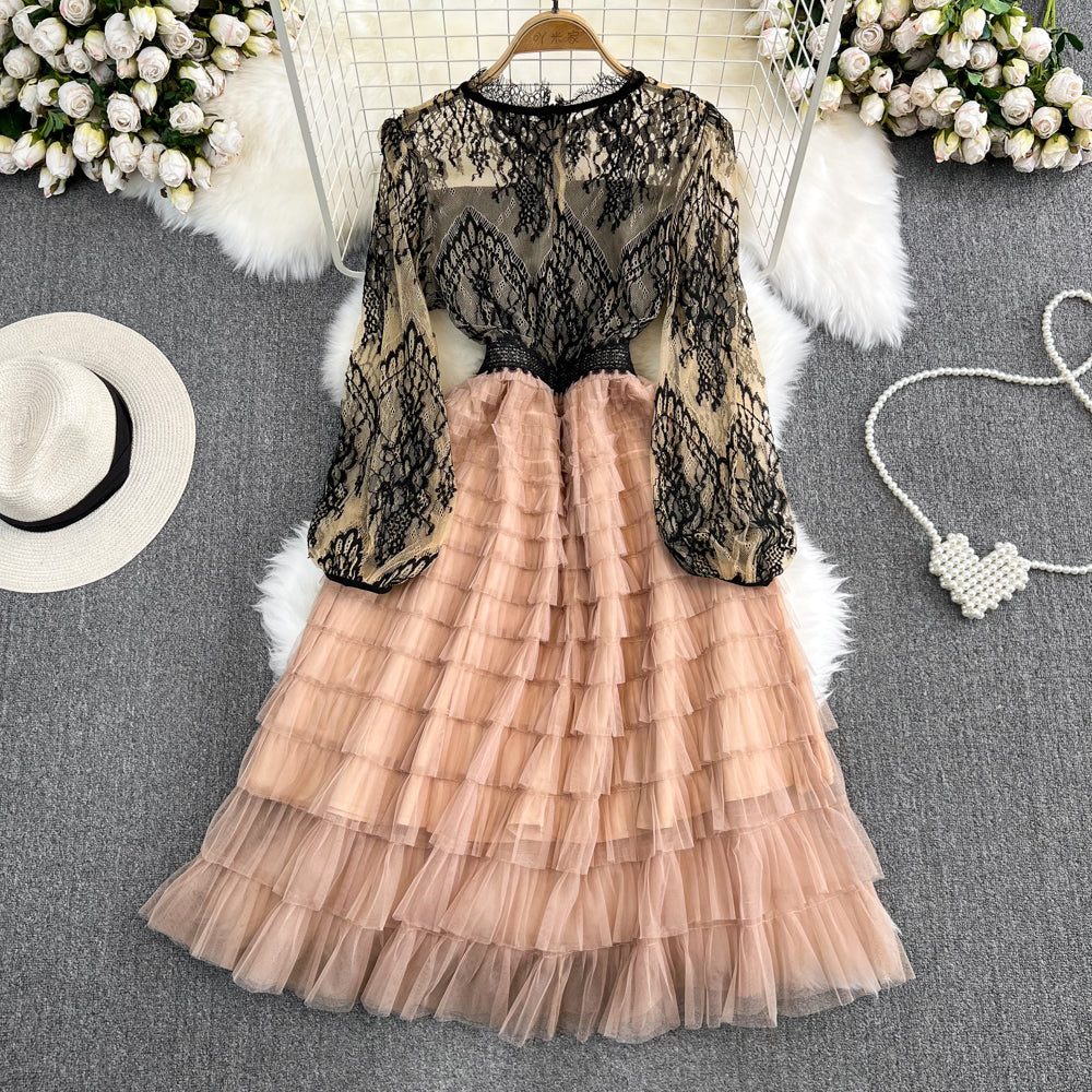 Elegant Long Sleeve Round Neck Lace A-Line Mesh Cake Dress - Perfect for Weddings, Parties & Special Occasions