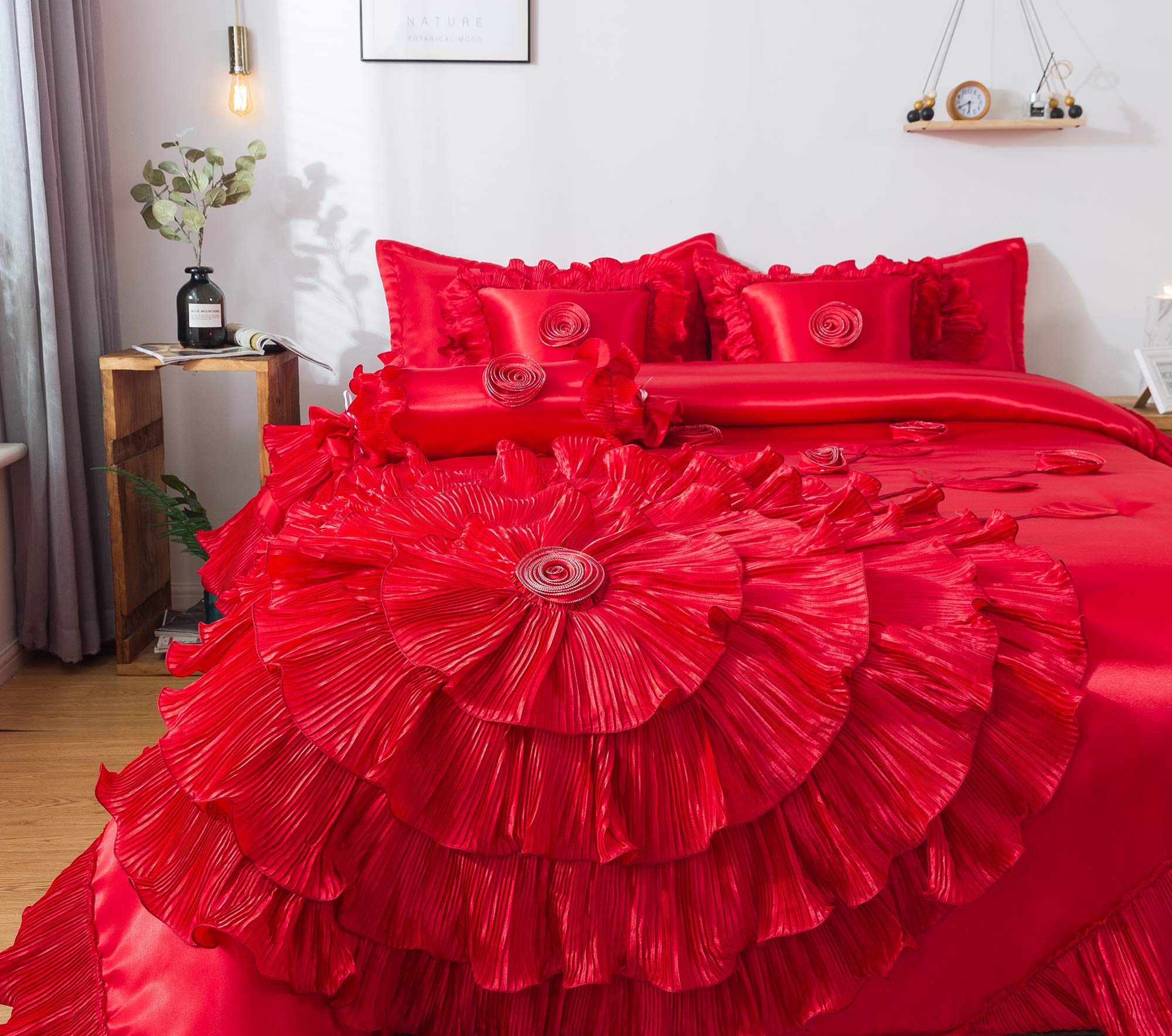 California King Size Satin Comforter Set with Romantic Roses & Ruffles - Bright Red Luxury Bedding for Master Bedroom (VEHY4174-CK) | Perfect for Valentine's Day, Anniversary Gifts & Romantic Bedroom Decor
