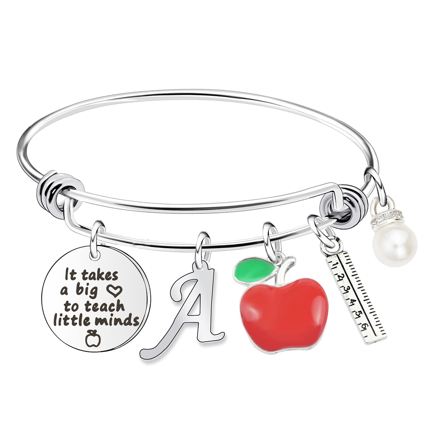Scwasen Initial Teacher Bracelet for Women - Heart Shaped Teacher Appreciation Gift with Inspirational Quote 'It Takes a Big Heart to Teach Little Minds' - Perfect Thank You Gift for Teachers Day, Graduation, Retirement & Everyday Appreciation