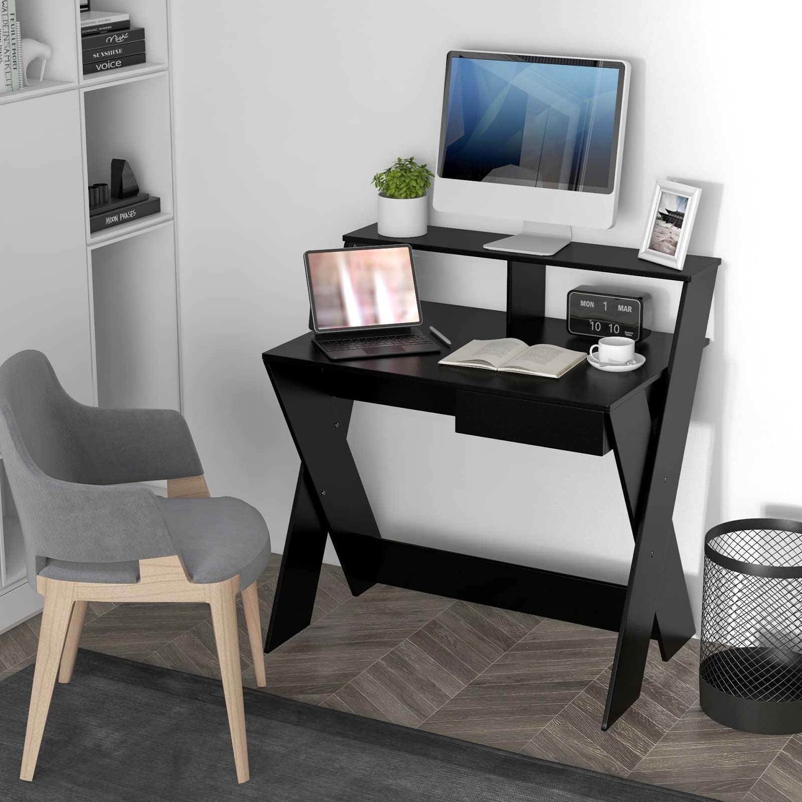 Tangkula 2-Tier Compact Computer Desk with Storage Drawer & Monitor Stand - Small Writing Desk with X-Shaped Legs & Footrest - Space Saving Study Table for Home Office, Dorm Room & Small Spaces (Black) - Perfect for Remote Work, Online Learning & Gaming Setup