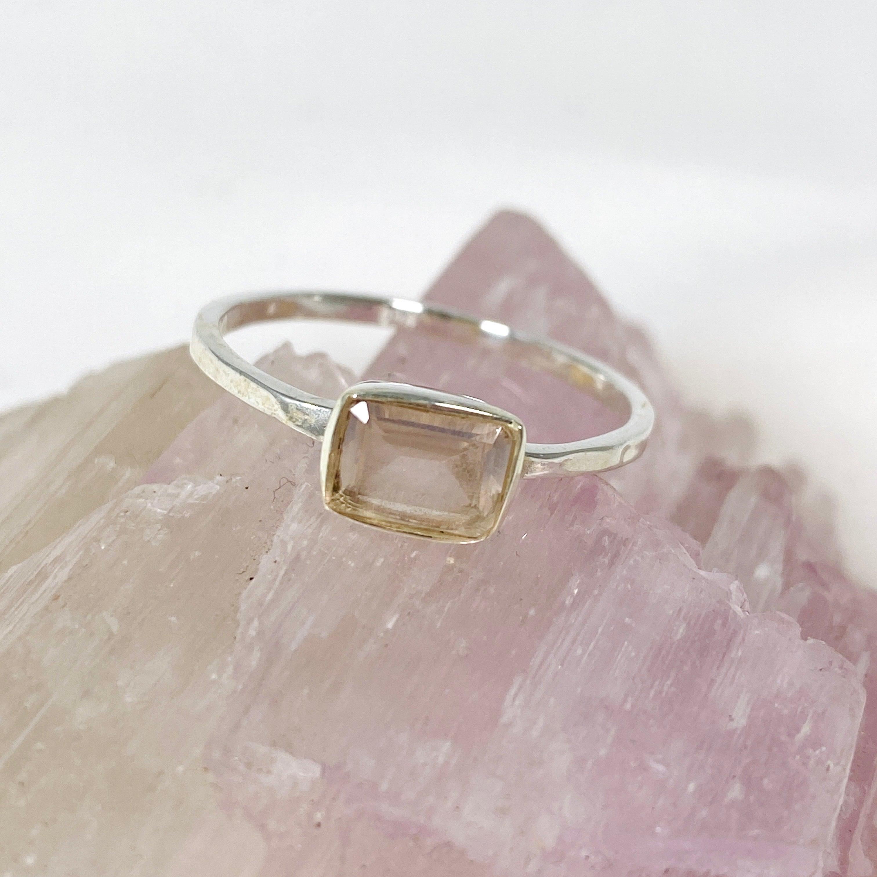 Rose Quartz Rectangular Faceted Fine Band Ring - Dainty Stackable Gemstone Jewelry for Women - Perfect for Everyday Wear, Gift Giving & Special Occasions