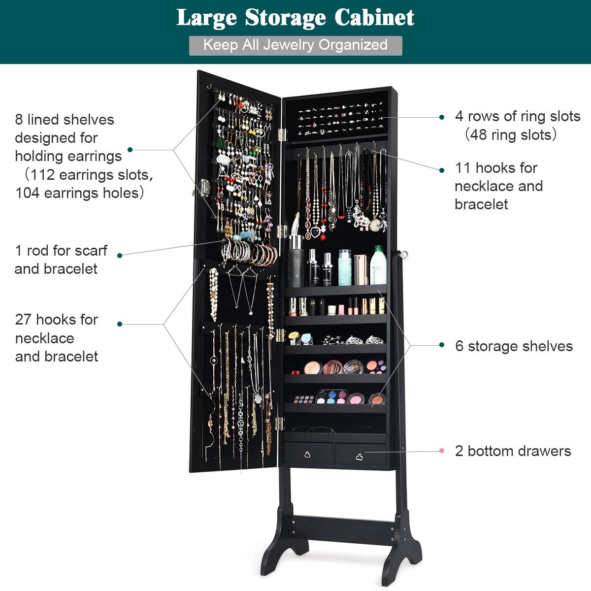 MAT EXPERT Floor Standing Mirror Jewelry Armoire - Lockable Jewelry Cabinet with Full-Length Mirror, Makeup Dressing Storage Organizer with 38 Hooks & 48 Ring Slots, 5 Drawers for Jewelry & Accessories (Black) - Perfect for Bedroom, Closet & Vanity Organization