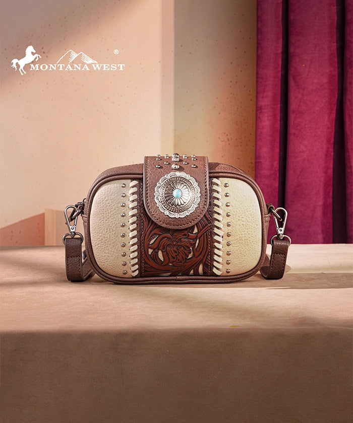 Montana West Genuine Leather Tooled Concho Crossbody Bag for Women - Stylish Western Handbag for Daily Use, Travel & Shopping