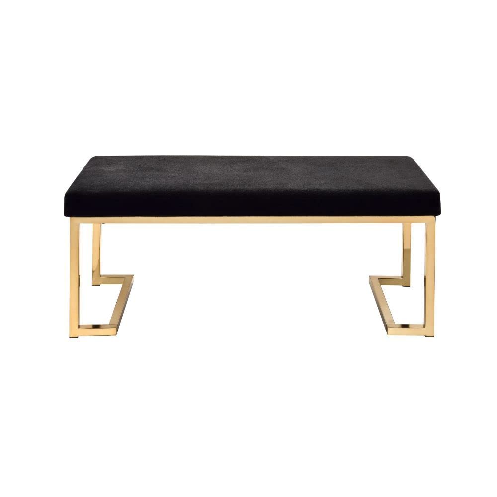 Modern Black Padded Rectangular Bench with Champagne Metal Legs - Stylish Entryway Seating, Bedroom Footrest, or Living Room Ottoman