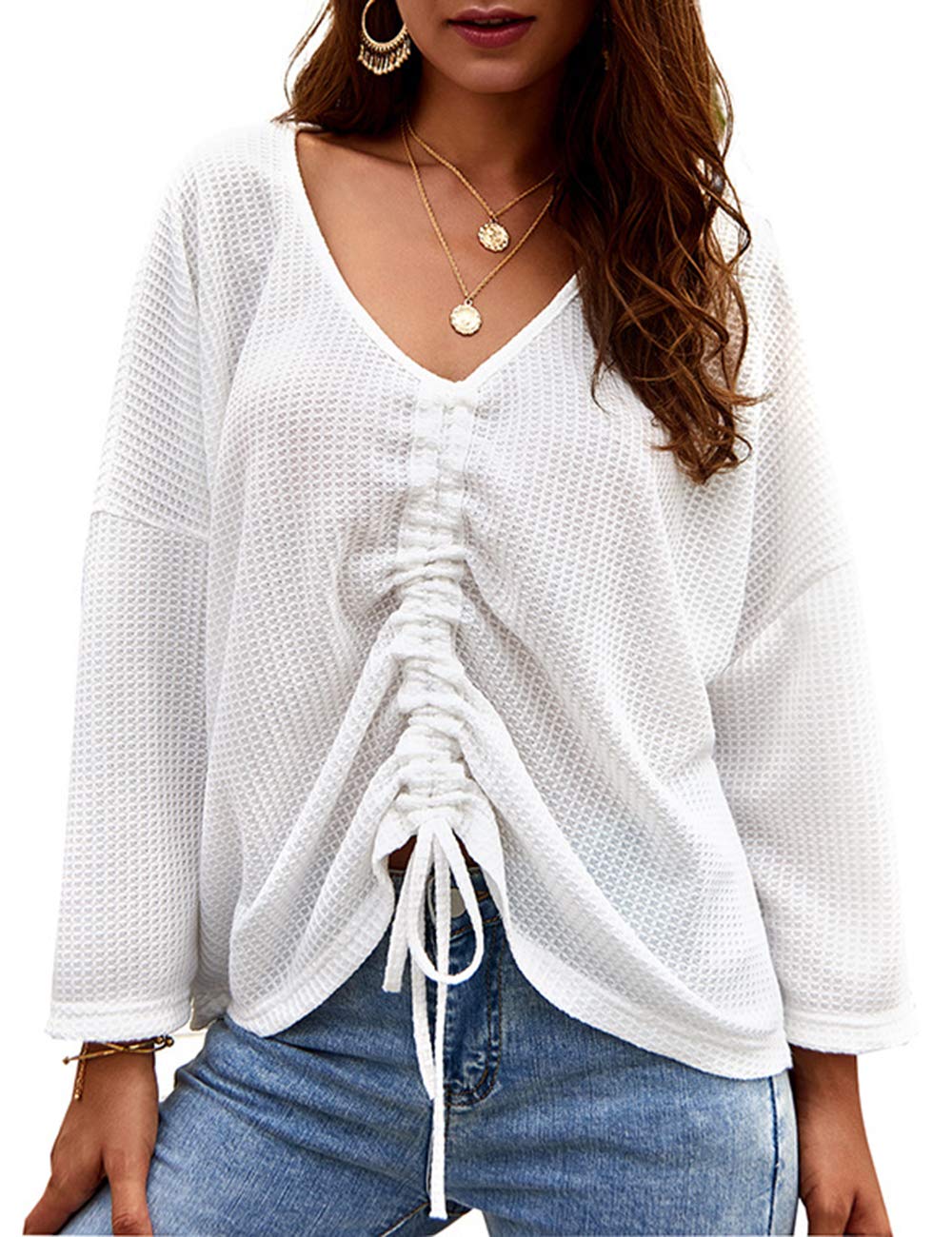 SEMATOMALA Women's Casual Long Sleeve V-Neck Pullover Sweater - Adjustable Drawstring Ruched Front Loose Waffle Knit Jumper for Fall Winter Fashion | Perfect for Office, Date Night & Weekend Outfits