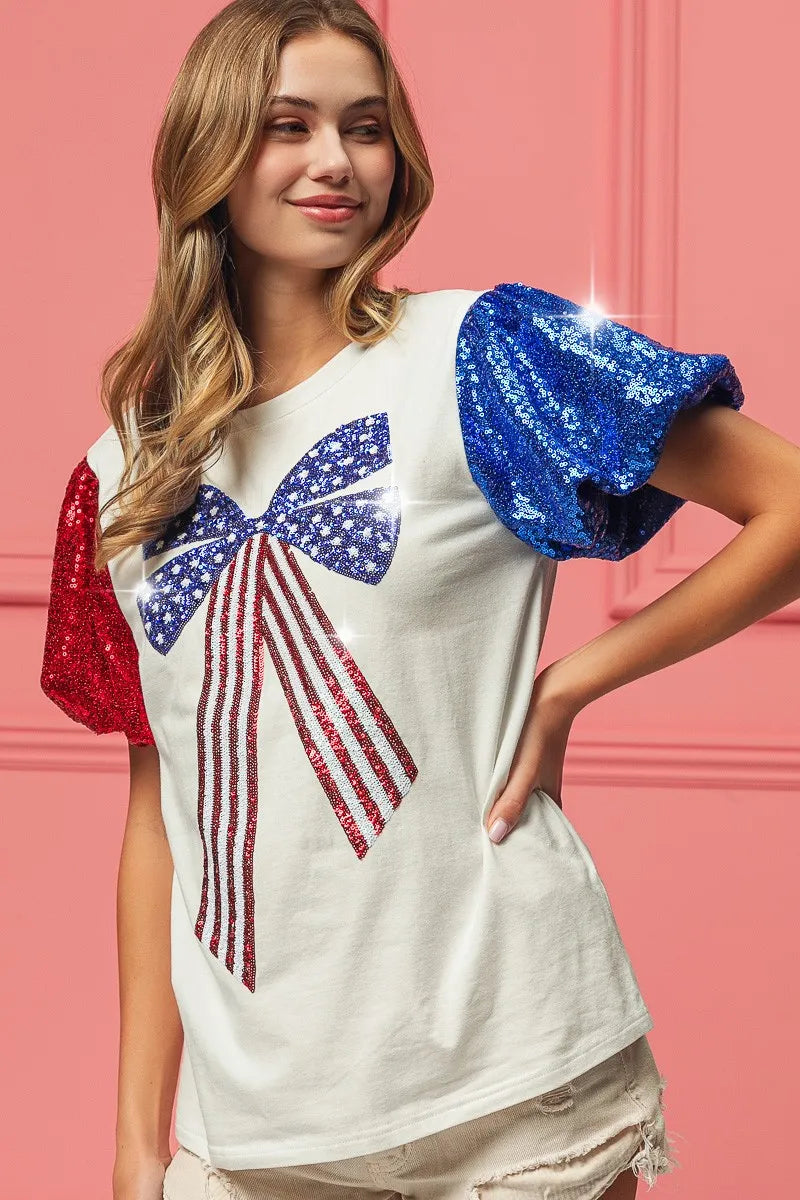 BiBi Sequin American Flag Bow Top - Patriotic Glamour for Women | Perfect for 4th of July, Independence Day & USA Themed Parties