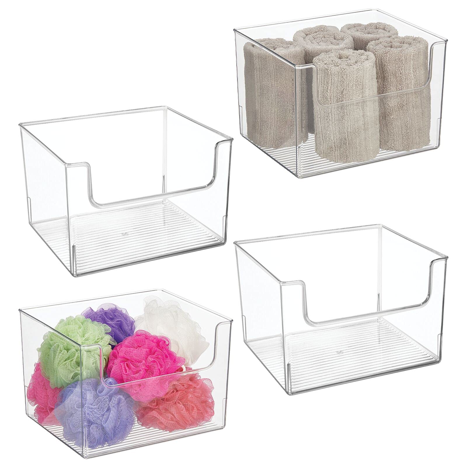 mDesign Plastic Open Front Dip Bin for Bathroom Storage - 4 Pack Clear Bathroom Organizer for Makeup, Vanity & Countertop - Perfect for Bathroom Shelf, Cabinet & Home Organization - Ligne Collection - Ideal for Small Space Storage & Cosmetic Display