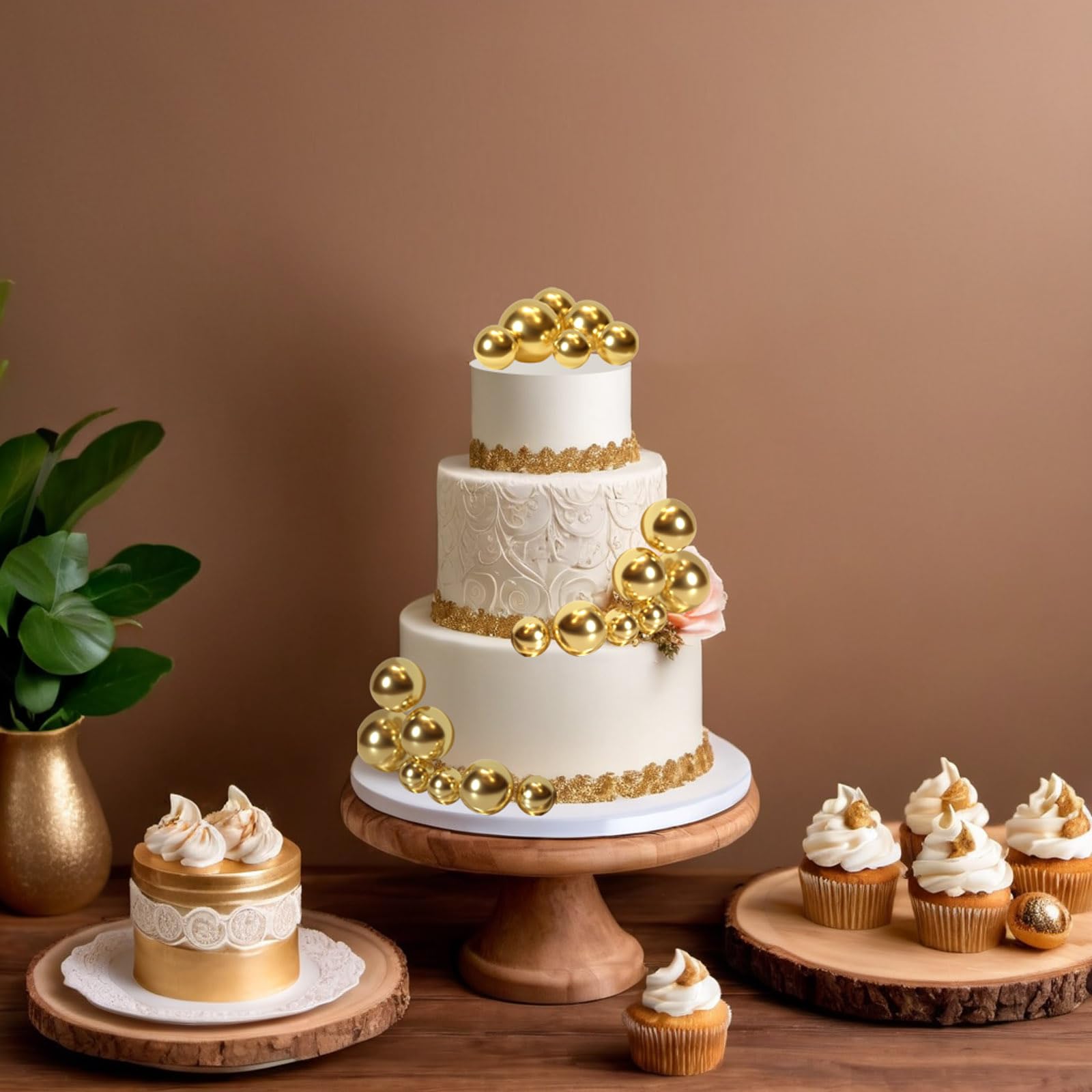 20 Pcs Gold Ball Cake Toppers - Mini Balloon Cake Decorations with Sticks for Christmas, Wedding, Birthday Parties - Perfect for Cupcakes, Desserts & Celebration Cakes