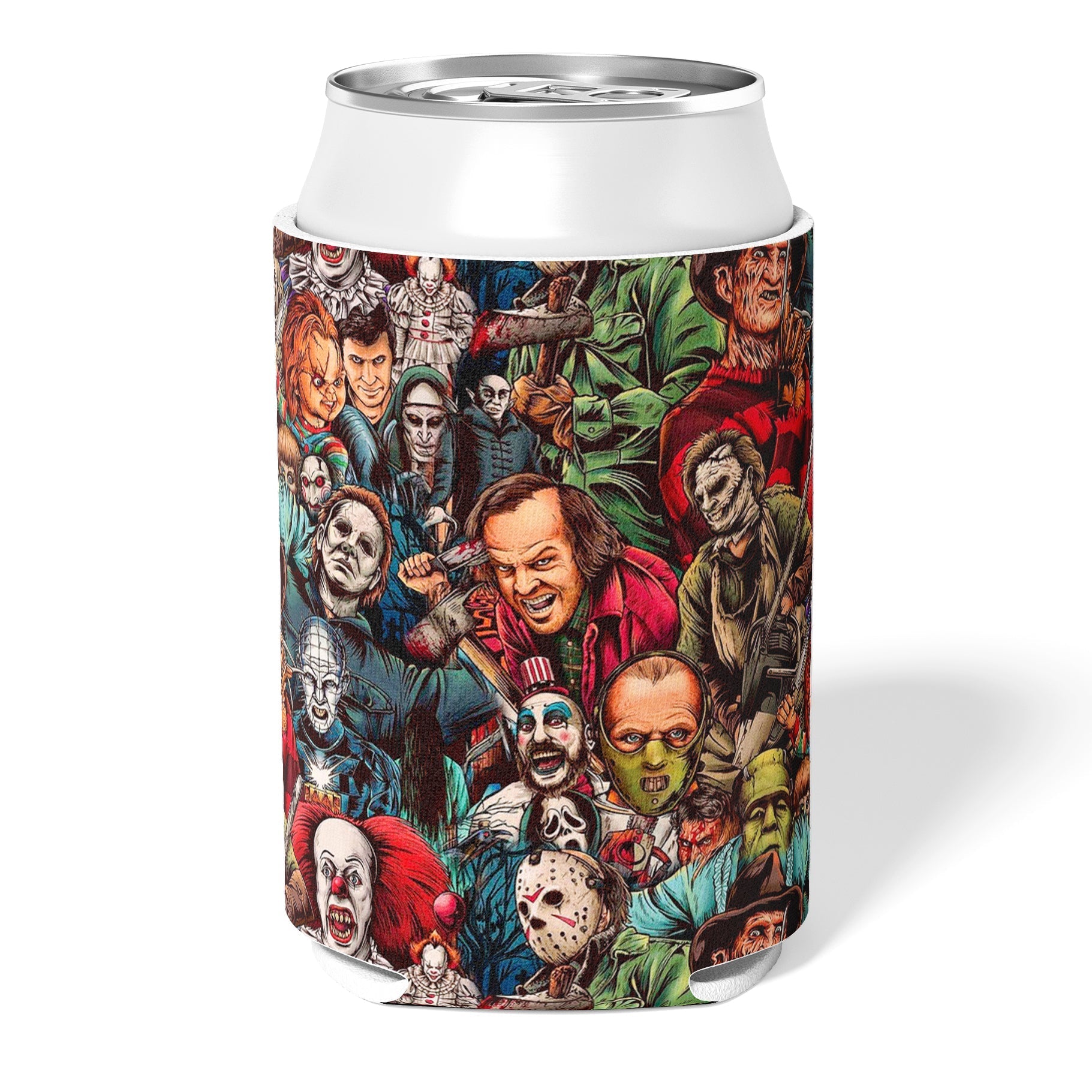 Horror Collage Can Cooler - Insulated Beer Sleeve for Halloween Parties, Camping & Horror Movie Nights - Spooky Design Keeps Drinks Cold