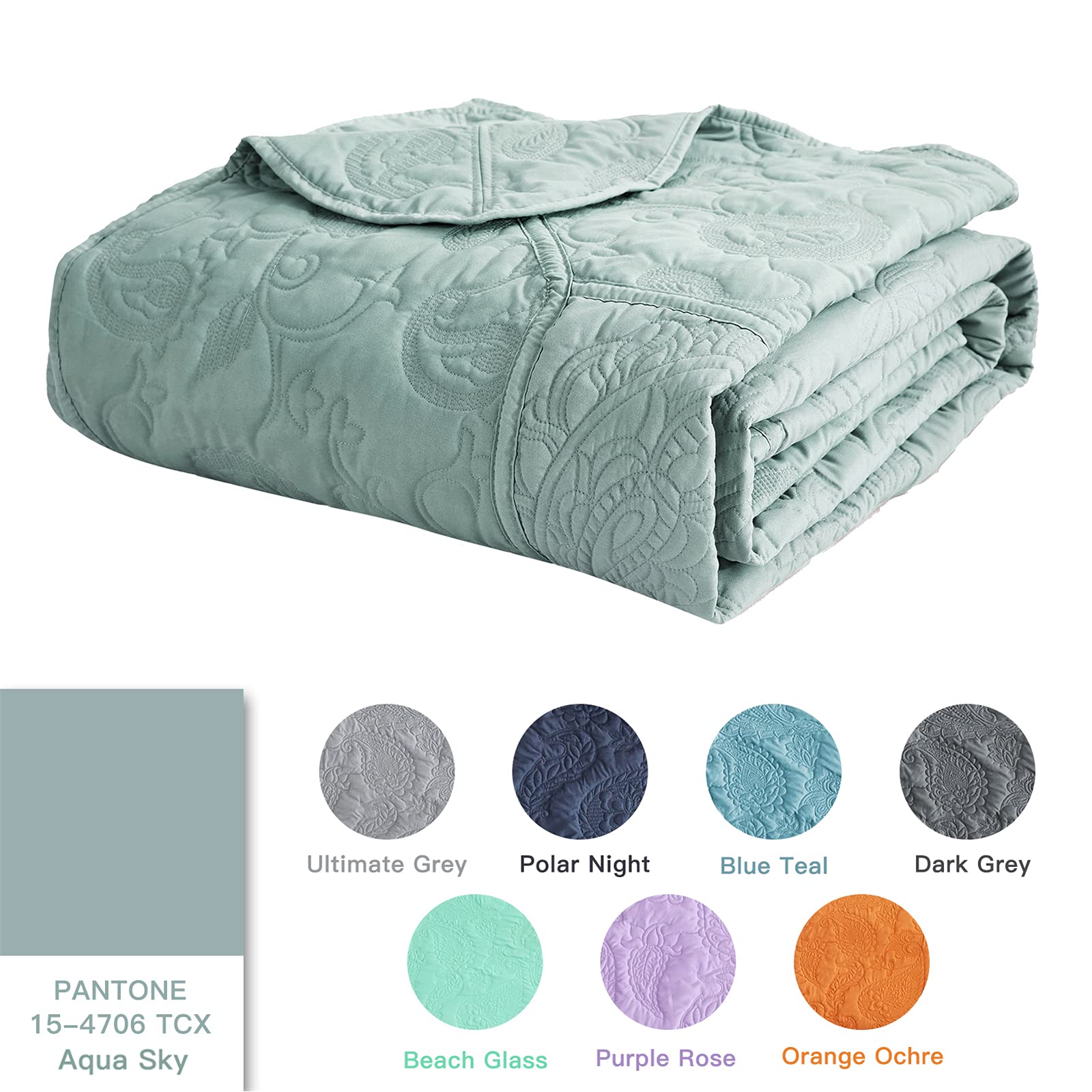 Queen Size Bedspread Set - 5 Piece Lightweight Quilted Coverlet & Reversible Comforter - 100% Luxurious Microfiber Bedding in Seaglass - Perfect for Guest Rooms, Master Bedrooms & Cozy Home Decor