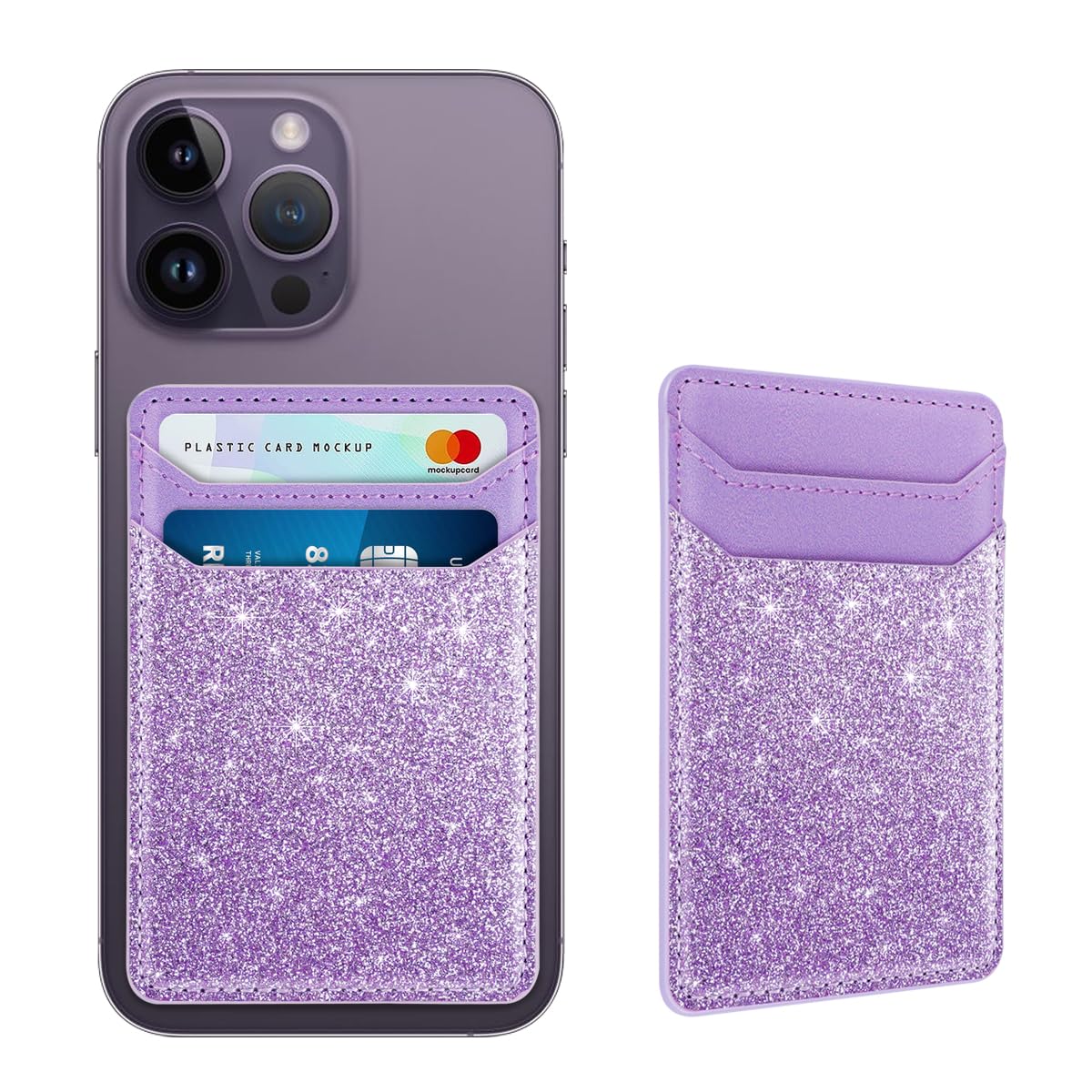 Self Adhesive Leather RFID Phone Wallet - Stick On Credit Card Holder for iPhone & Samsung (Glitter Purple) | Secure Contactless Card Storage for Commuting, Shopping & Travel