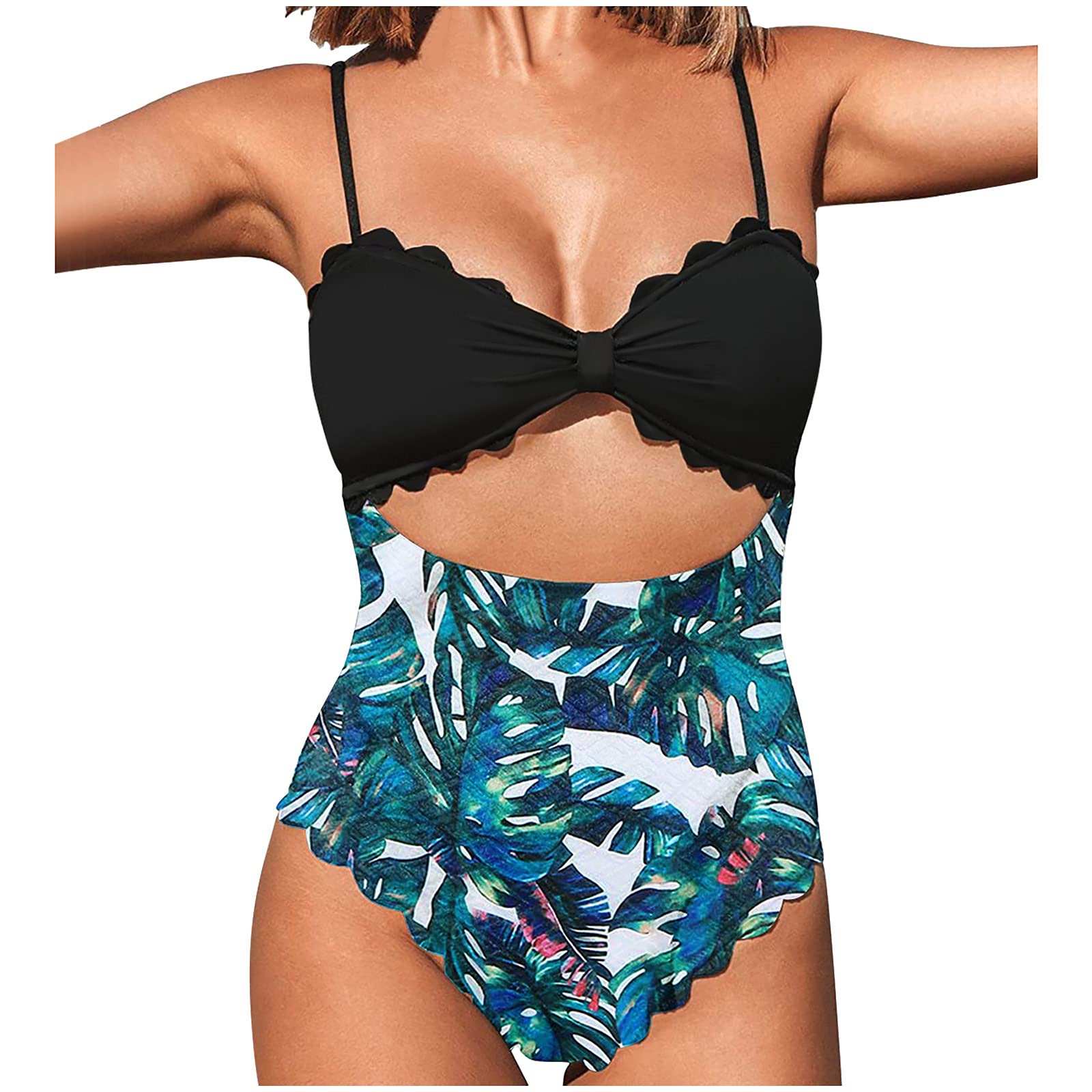Women's One Piece Swimsuits - Spliced Front Knot Cutout Swimsuit with Scallop Edge & Backless Design | Perfect for Beach Vacations, Pool Parties & Summer Getaways