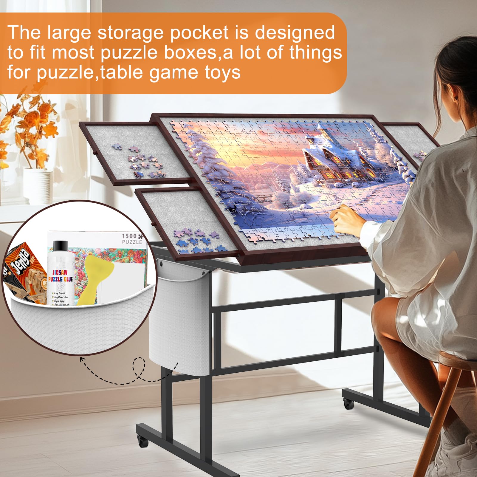 1500-Piece Jigsaw Puzzle Table with Adjustable Legs, Storage Pockets & Wheels - Premium Puzzle Board for Adults - Perfect for Family Game Nights, Home Decor & Relaxation Activities