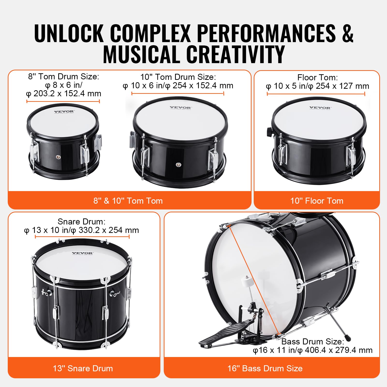 VEVOR 5-Piece Kids Drum Set - 16 Inch Beginner Youth Drum Kit with Bass Drum, Toms, Snare, Floor Drum, Adjustable Throne, Cymbal, Hi-Hat Pedal & 2 Pairs Drumsticks - Perfect Starter Drum Set for Children - Black | Ideal for Home Practice, Music Lessons & Kids' Birthday Gifts
