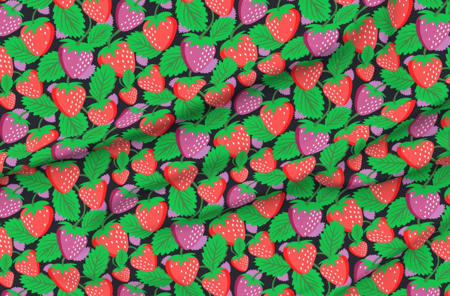 Strawberry Grove Black Bloom Leaves Fruit Berries Printed Denim Fabric by The Yard - Spring Summer Garden Design for Apparel, Home Decor & Upholstery | DIY Sewing, Curtains, Tablecloths & Craft Projects