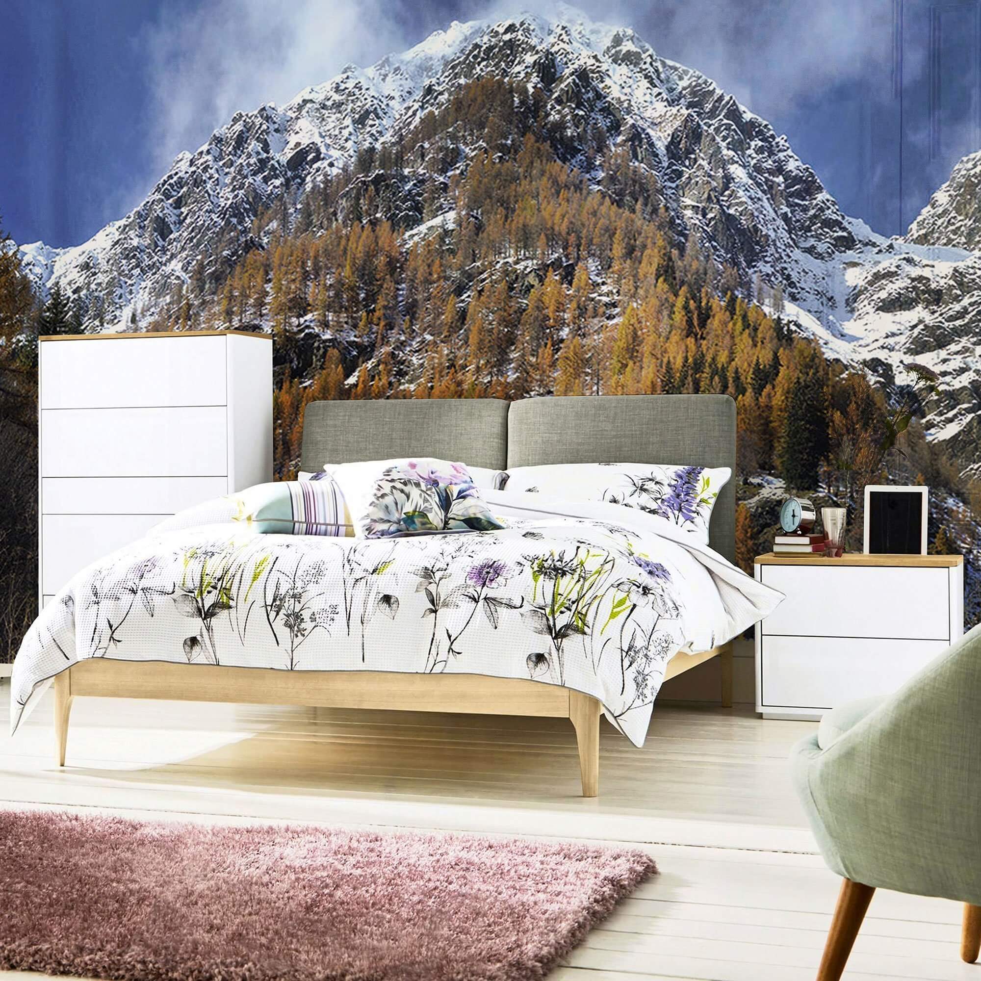 Green and White Mountain Landscape Peel and Stick Removable Wallpaper Mural 8476 - Self-Adhesive Wall Decor for Living Room, Bedroom, Office