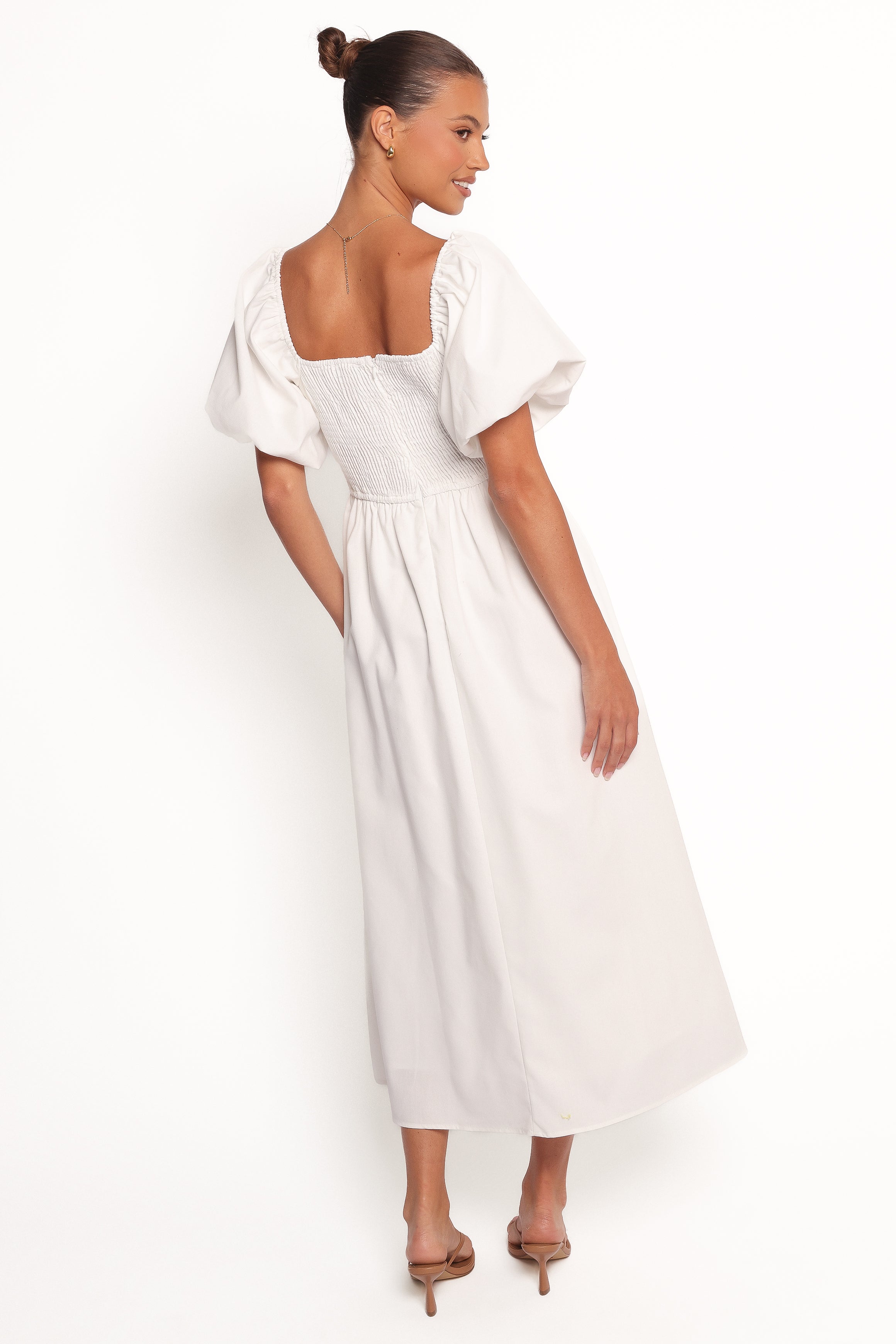 Elegant White Clo Puff Sleeve Midi Dress for Women - Perfect for Weddings, Parties & Special Occasions