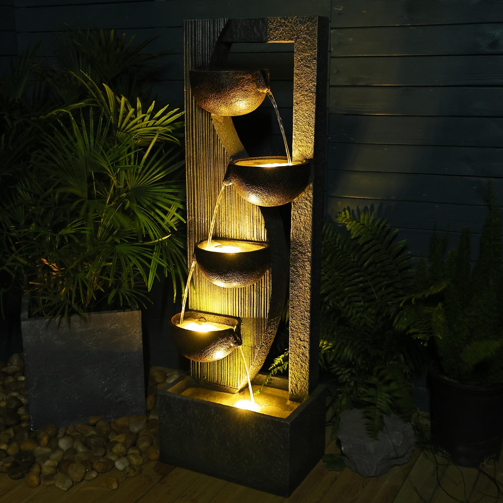 5-Tier Outdoor Water Fountain with LED Lights & Natural Stones - 49.2