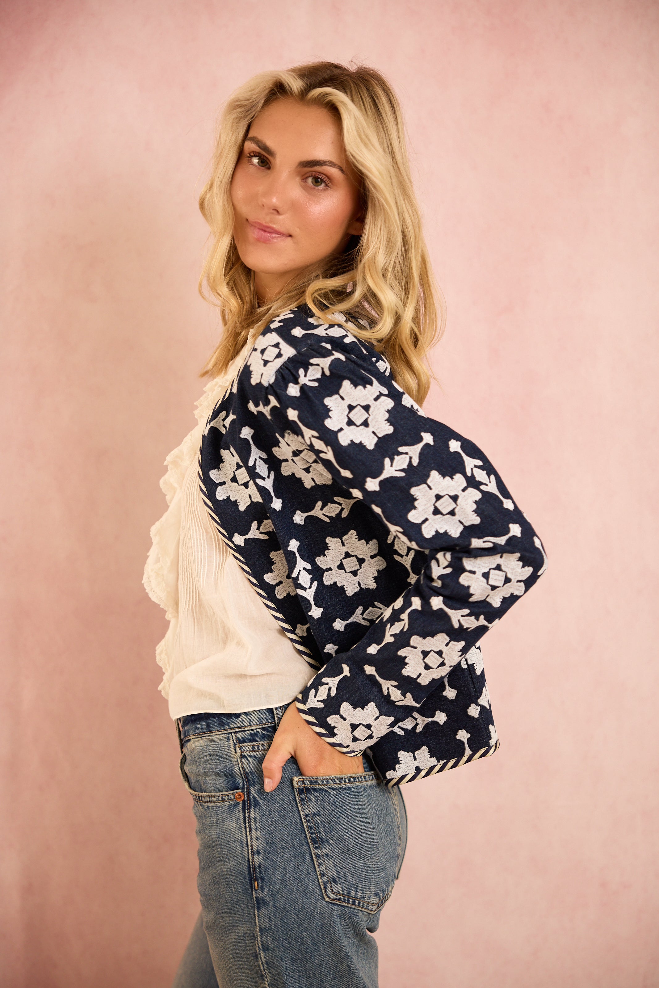 Rosy Denim Jacket with Embroidered Floral Design - Women's Fashion Outerwear for Spring & Fall | Casual Streetwear, Date Night, Weekend Outfits