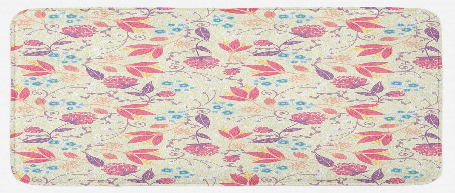 **Ambesonne Pastel Kitchen Mat - Non-Slip Plush Rug with Retro Tulip & Peony Floral Design, 47