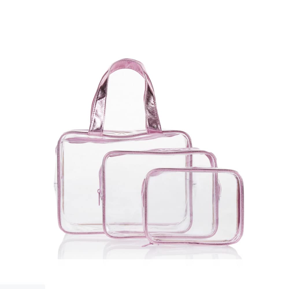 HUNYLONDON Pink Metallic 3-Piece Waterproof Transparent PVC Travel Cosmetic Bag Set - Perfect for Makeup, Toiletries & Wash Essentials on Vacation, Gym, or Daily Organizing
