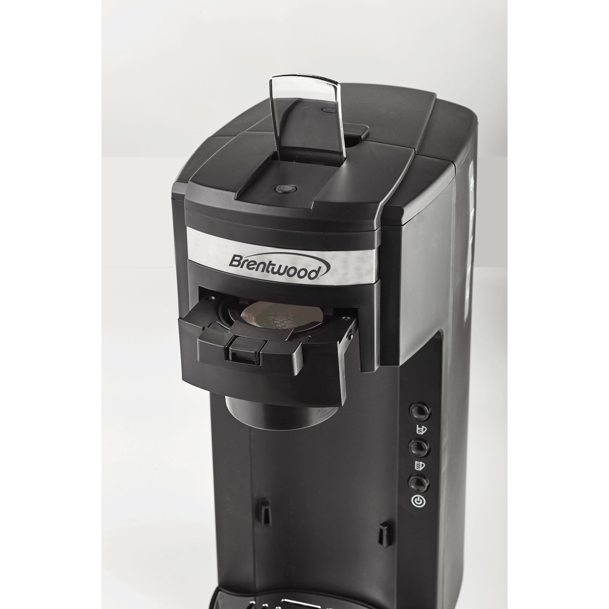 Brentwood Single Serve K-Cup Coffee Maker with Travel Mug - Compact Black Coffee Machine for Home & Office - Perfect for Quick Brewing, Travel, and Gifts