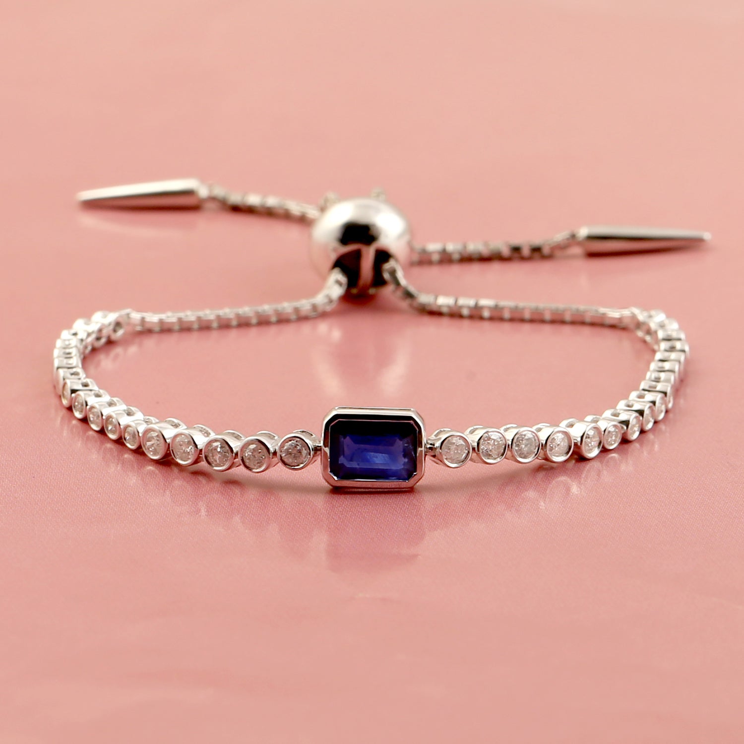 Blue Sapphire and Diamond Bezel Set Bracelet in White Gold - Flexible & Fixed Design for Elegant Occasions and Daily Wear