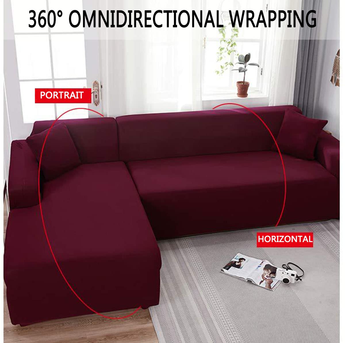 L-Shaped Sectional Sofa Cover - Soft Stretchable 2-Piece Slipcover, Non-Slip & Dust-Proof, Easy Installation for 3+4 Seater Couches (Fuchsia) - Perfect for Living Room, Family Room & Home Theater Furniture Protection