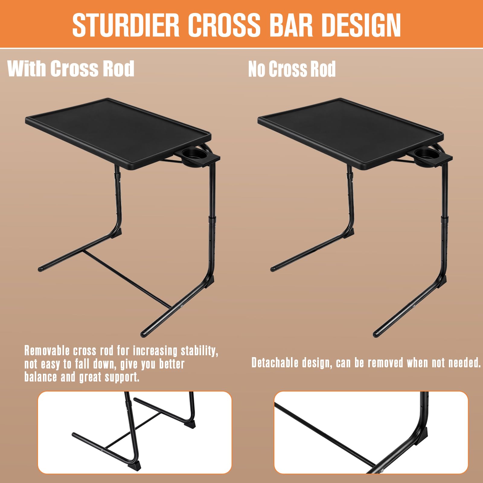 Adjustable TV Tray Table Set of 2 - 3 Angle Tilt & 6 Height Positions, Foldable Bedside Table with Cup Holder for Eating, Working, Reading in Living Room, Bedroom or Office - Perfect for Couch, Sofa & Home Use