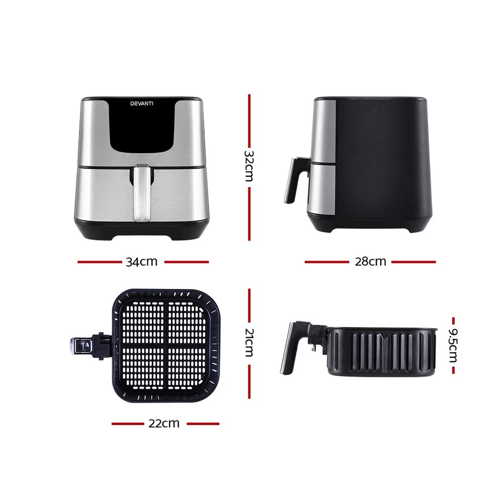 Devanti 7L Air Fryer with LCD Display - Oil Free Healthy Cooking, Large Capacity Air Fryer Oven for Family, Silver - Perfect for Crispy Fries, Chicken Wings & Baking at Home