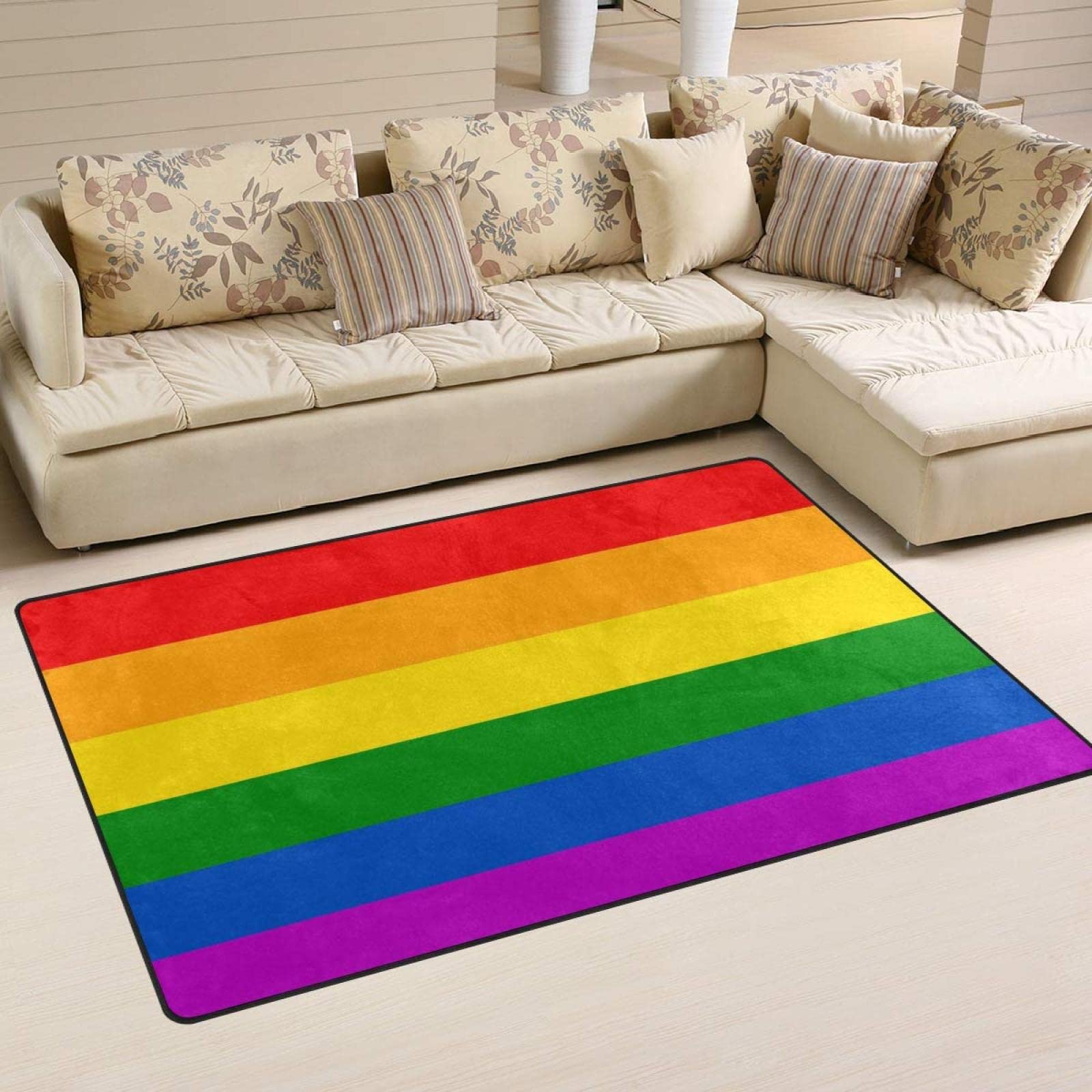 Pride Rainbow Peace Love LGBT Area Rug - Non-Slip Indoor Floor Carpet for Living Room, Bedroom & Home Decor - 6.6' x 5.3' Soft Mat for Sofa, Dorm & LGBTQ+ Friendly Spaces