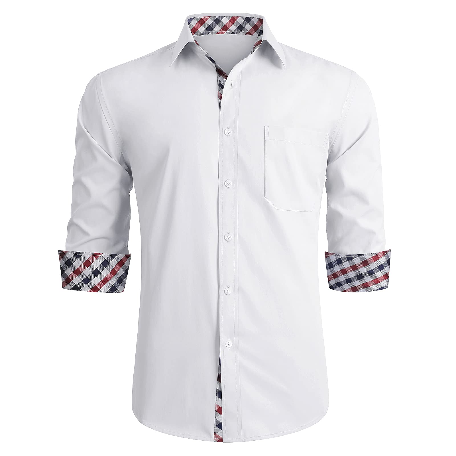 HISDERN Men's Contrast Casual & Formal Button Down Dress Shirt - Long Sleeve Printed Regular Fit Shirt for Office, Business & Everyday Wear