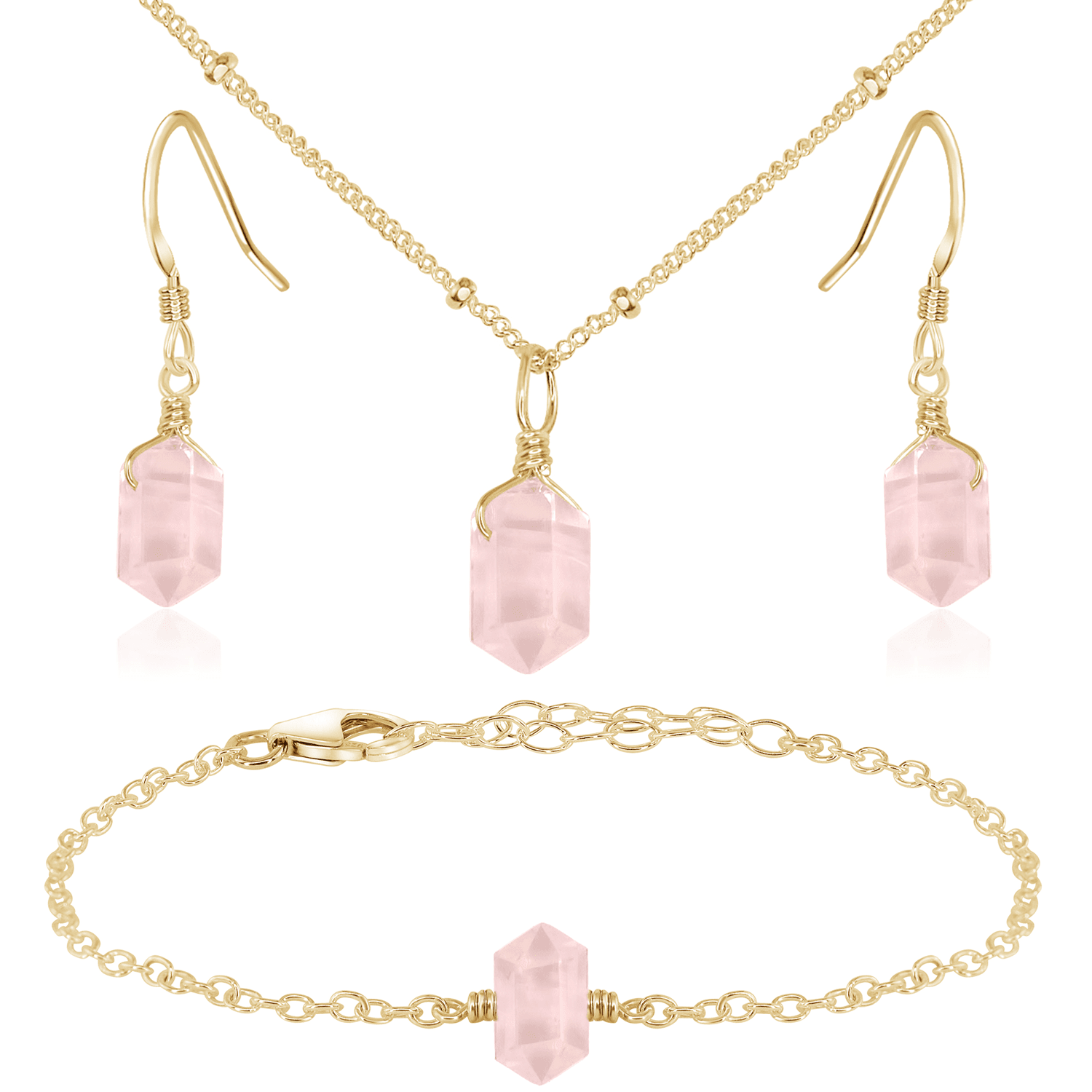 Rose Quartz Double Terminated Crystal Jewelry Set - Healing Stone Necklace & Earrings for Women - Perfect for Meditation, Energy Healing & Spiritual Gifts