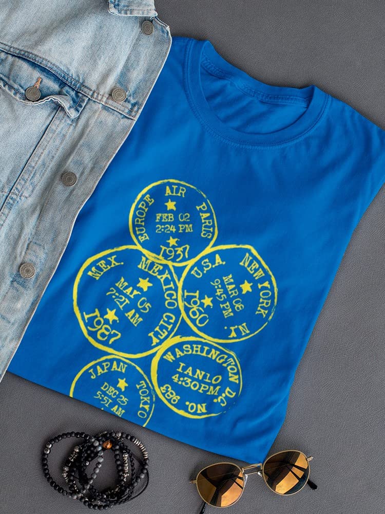 Custom Passport Stamps Women's T-Shirt - Vintage Travel Inspired Graphic Tee for Wanderlust, Vacations & Adventure Lovers