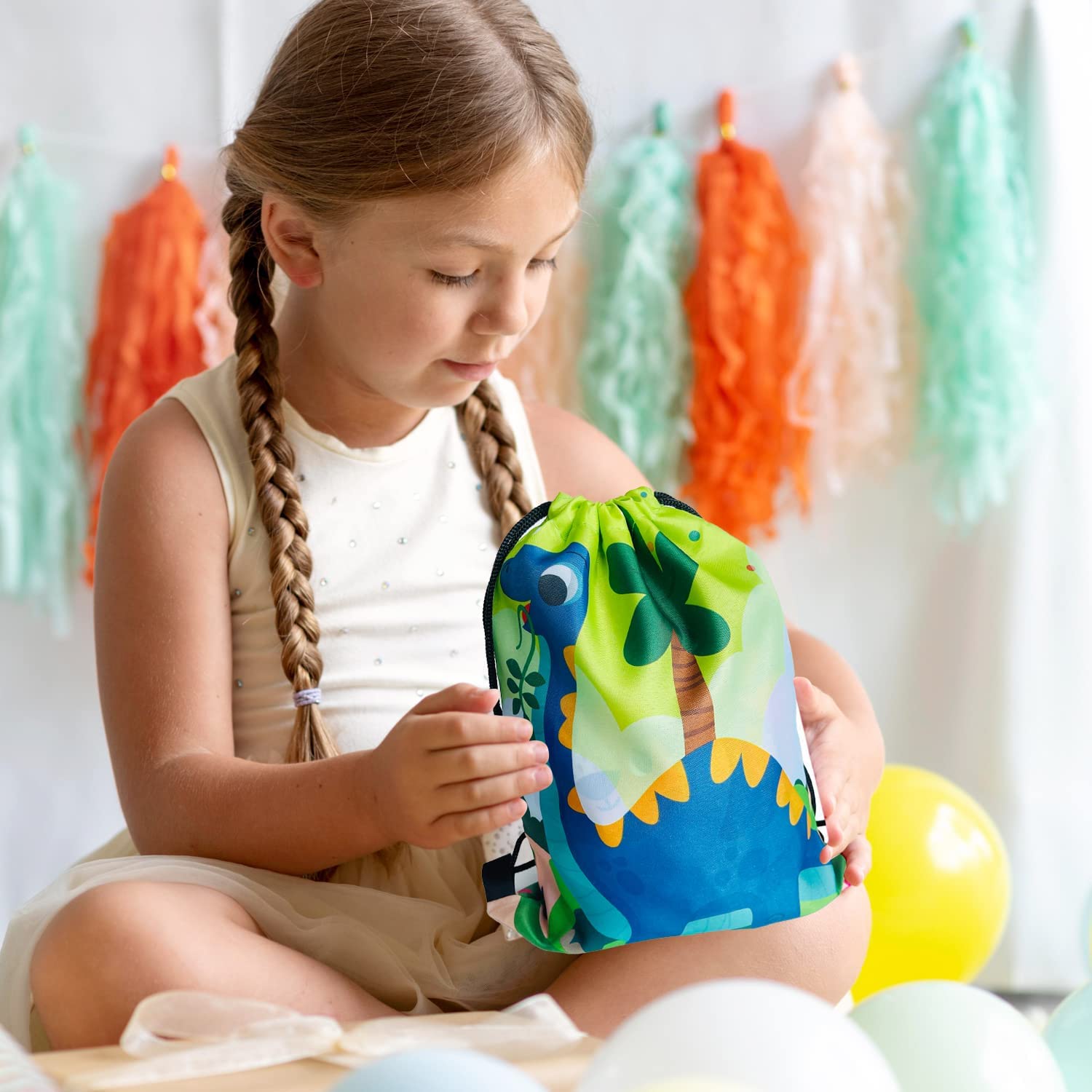 12 Pack Dinosaur Drawstring Bags for Kids Birthday Party Favors & School Travel Storage