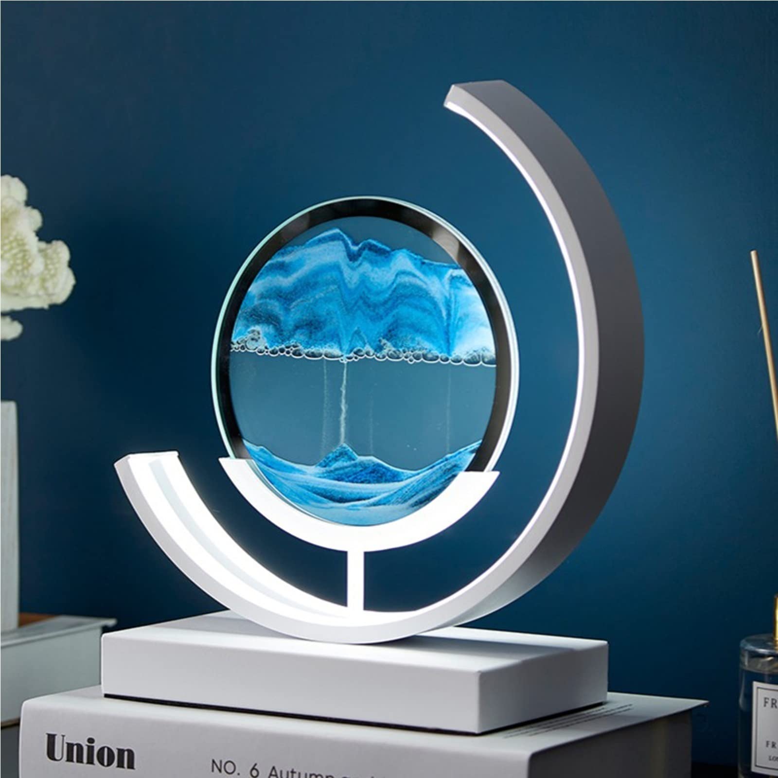 3D Quicksand LED Table Lamp - Dynamic Sand Art Night Light for Bedroom, Office & Home Decor | Blue Glass Desk Lamp (25x29cm) - Perfect for Relaxation, Meditation & Stress Relief