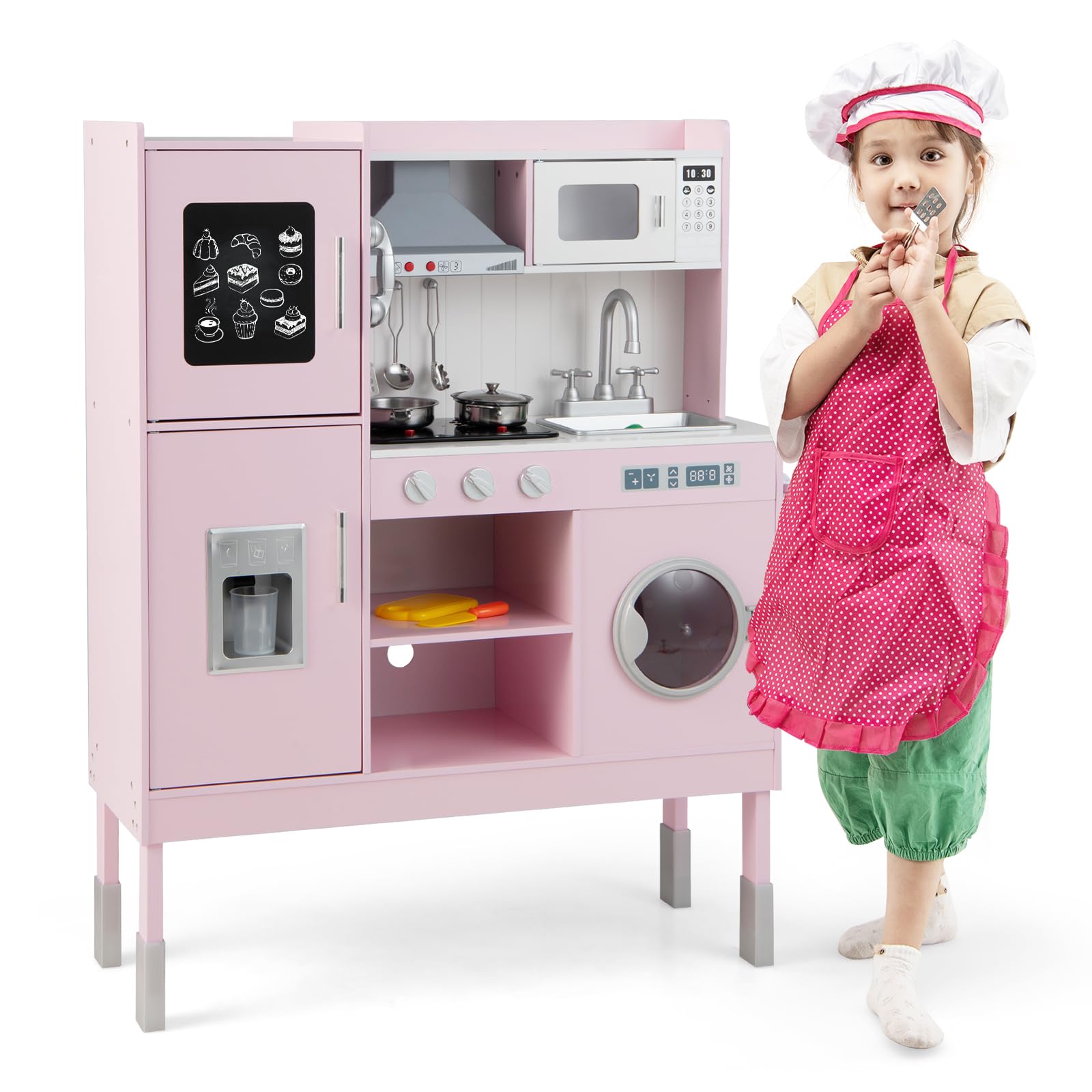 HONEY JOY Pink Wooden Play Kitchen Set for Toddlers - Pretend Play Toy with Microwave, Cookware, Washing Machine & Blackboard - Educational Gift for Boys & Girls - Perfect for Birthday, Christmas & Role-Playing Fun