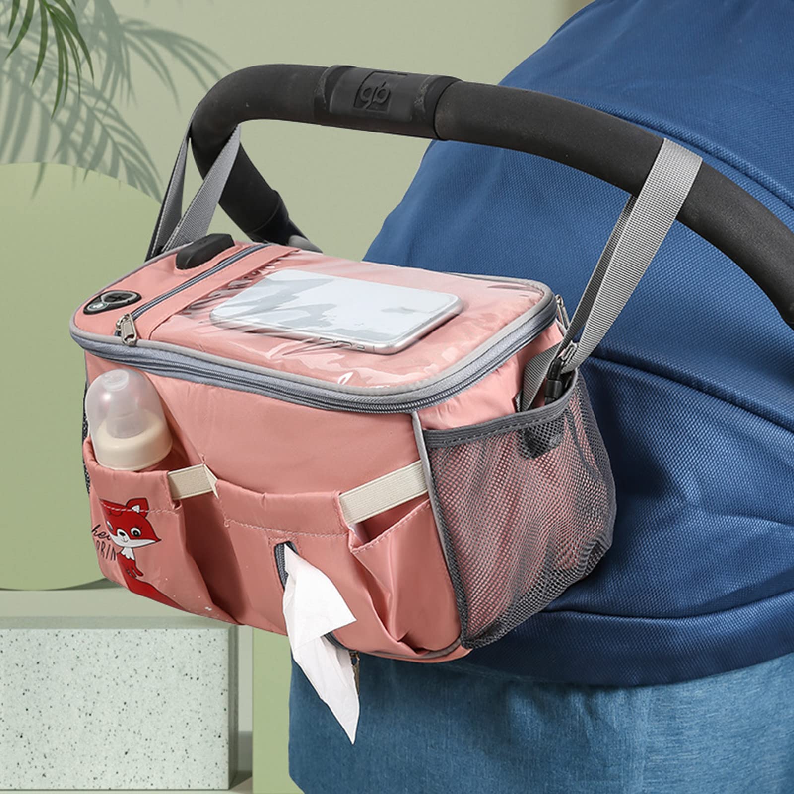 Large Capacity Universal Stroller Organizer with Adjustable Shoulder Straps - Baby Stroller Accessories, Touchable Transparent Phone Pouch & Cup Holders - Compact Design Fits Any Stroller (Pink) | Perfect for Diaper Bags, Shopping Trips & Outdoor Activities with Baby