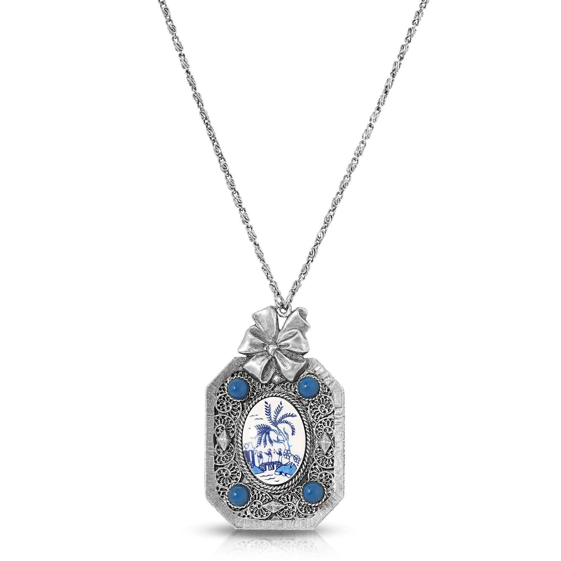 Vintage 1928 Blue Willow Octagon Pendant Mirror Necklace - 30mm Antique Jewelry for Women, Perfect for Victorian Costume Parties & Historical Reenactments