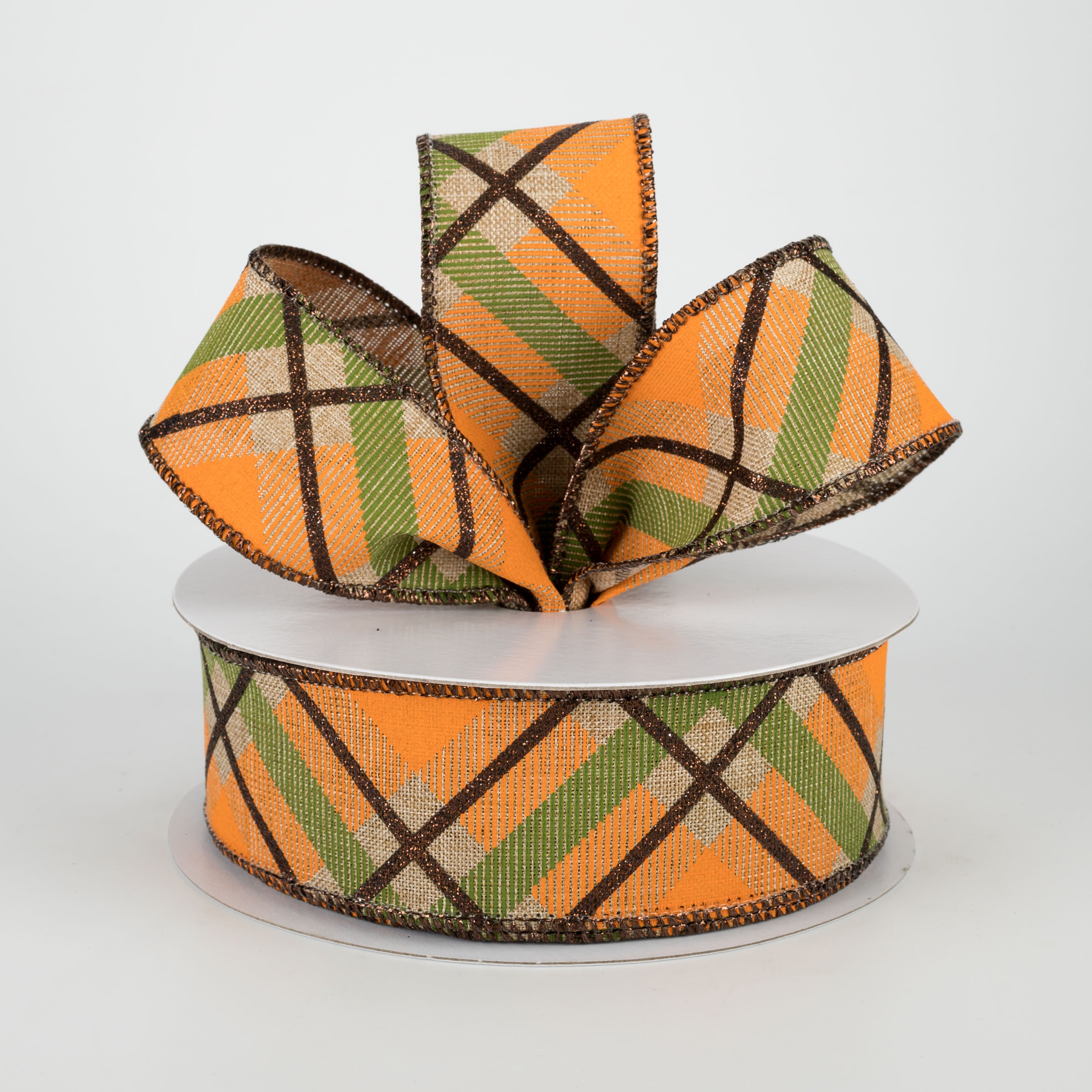 1.5 Inch Glitter Plaid Ribbon - Light Beige, Brown, Orange, Moss (10 Yards) - Perfect for Gift Wrapping, Scrapbooking, DIY Crafts and Holiday Decorations